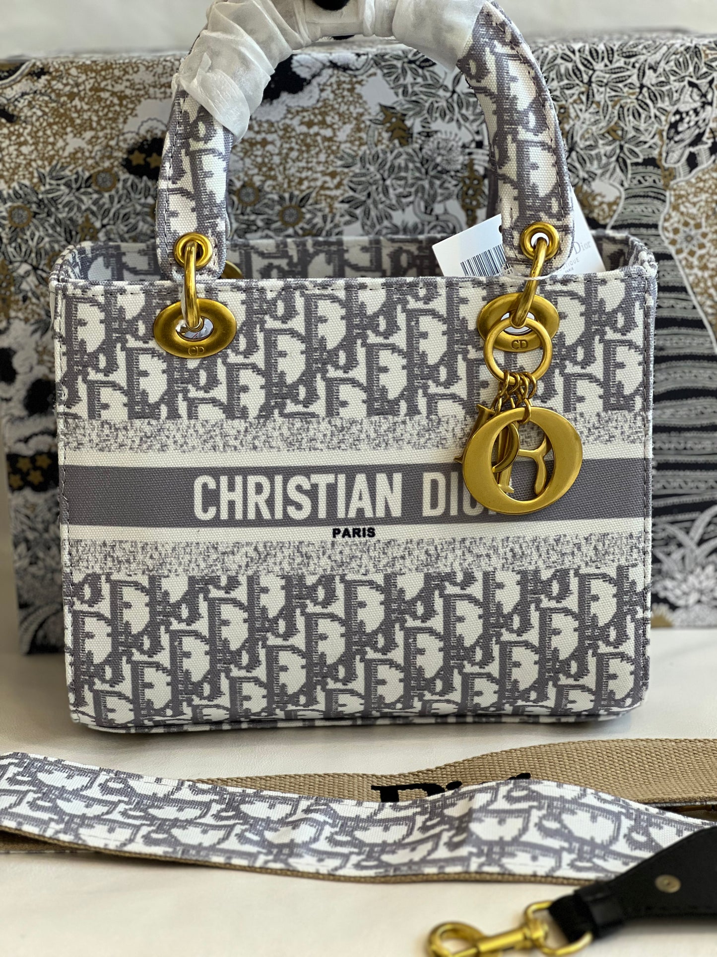 CHRISTIAN DIOR LADY DIOR GREY TIGER HANDBAG ( WITH BOX )