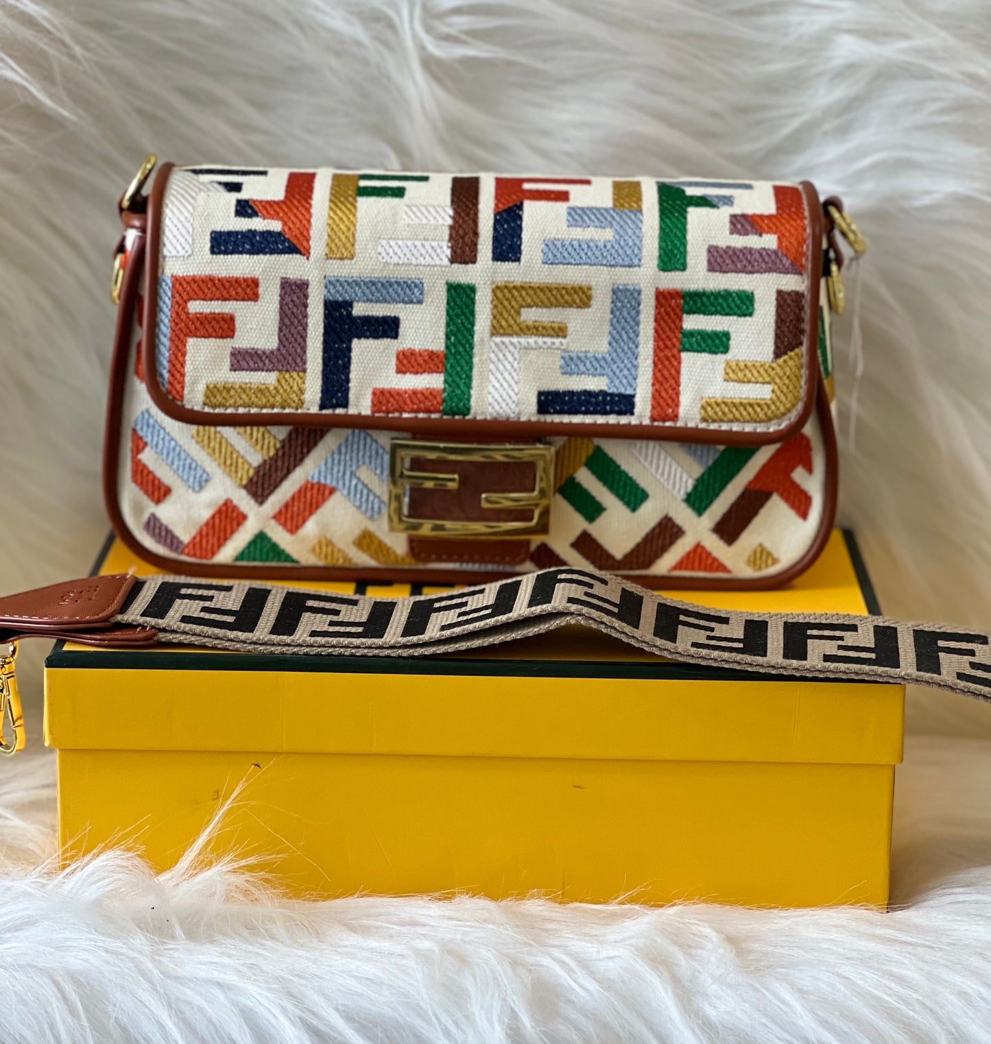 Fendi Baguette White Canvas Crossbody Sling Bag (With Box)