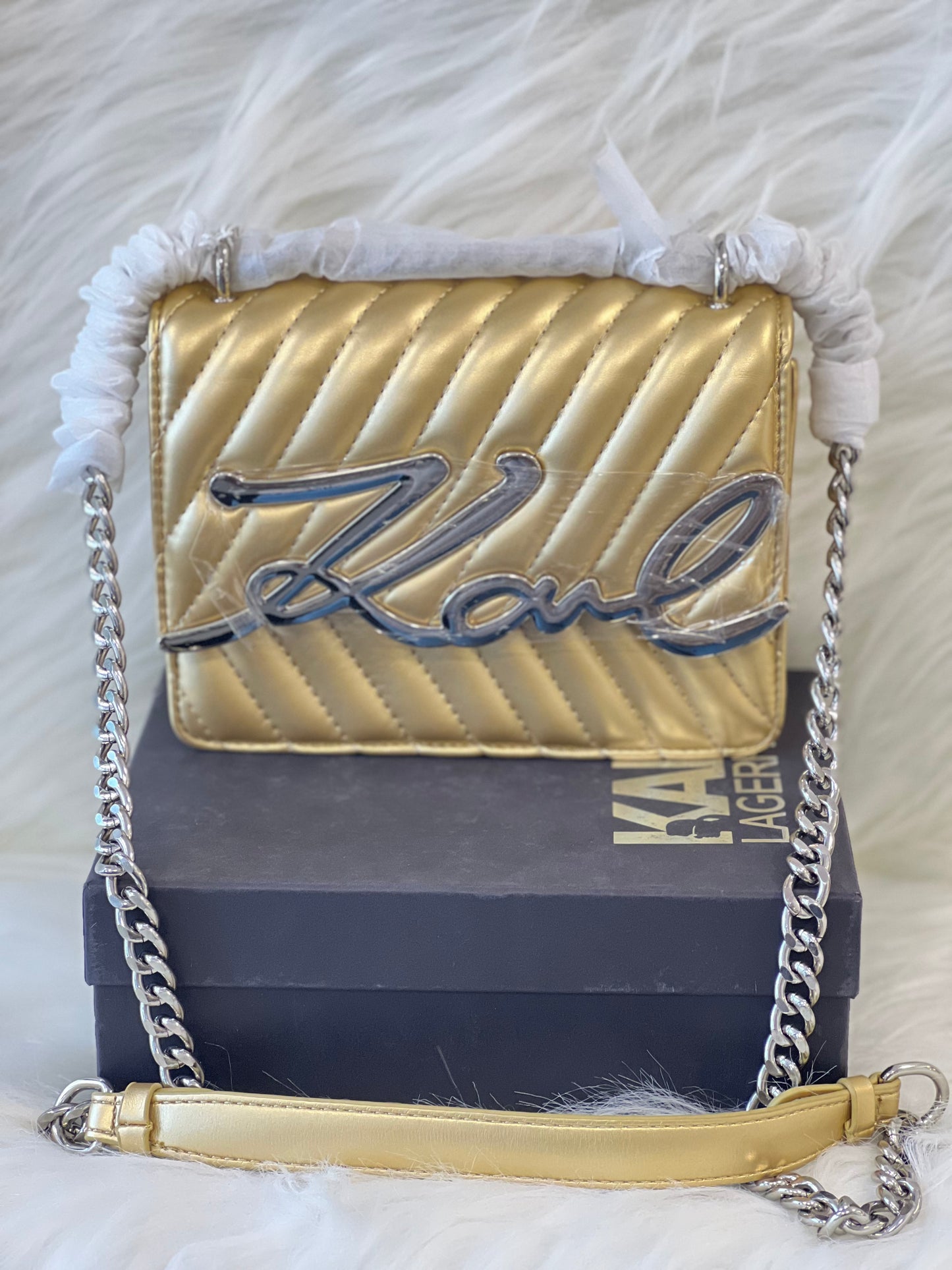 KARLL LAAGERFELD GOLD COLOR SLING BAG ( WITH BOX )