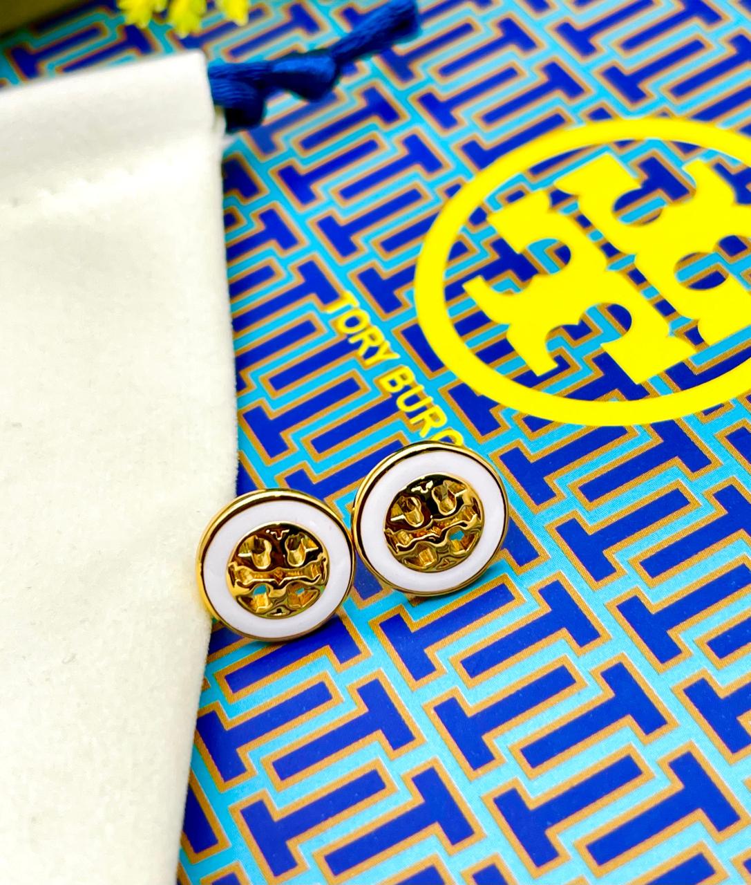 JTBS Tory Burch White Enamel Logo Stud Earrings