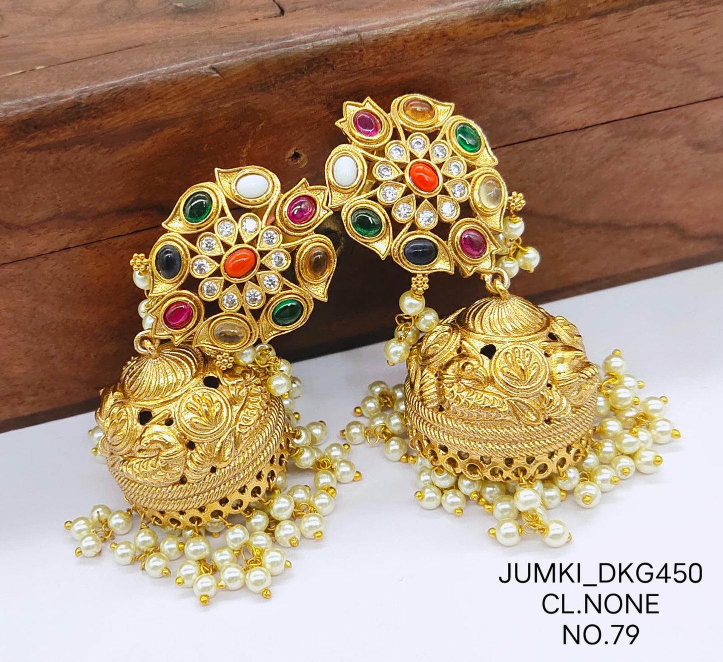 JTBS Antique stone jhumkas with hanging beads.