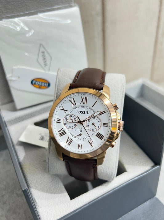 Fossil Grant Chronograph White Watch with Brown Leather strap ( With Box )