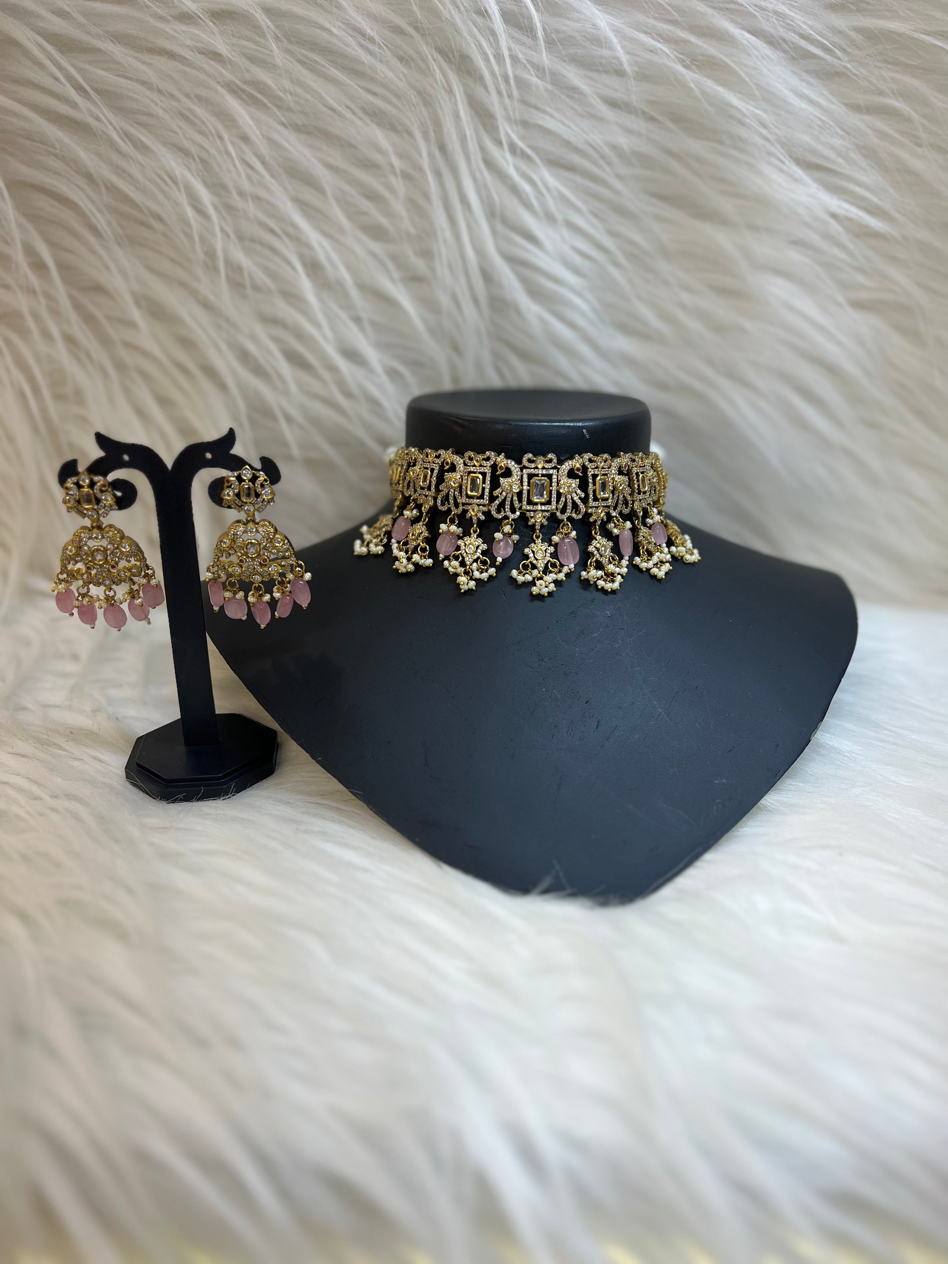 ROYAL ANTIQUE KUNDAN CHOKER NECKLACE SET WITH SOFT PINK DROPS-TBS-01