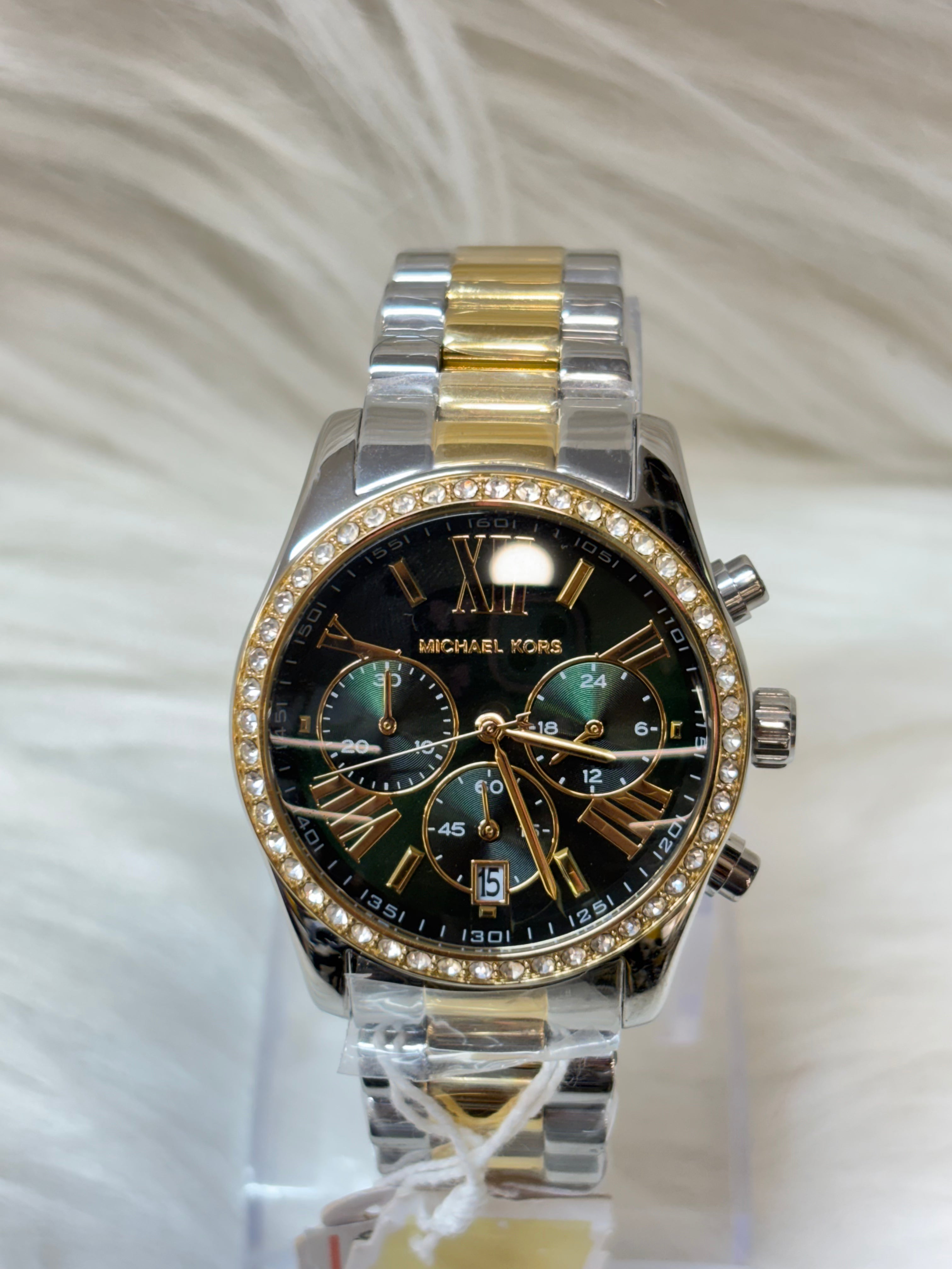 MICHEAL KORS LADIES SUPER PREMIUM WATCH TBS-W25  SILVER GOLDEN CHAIN