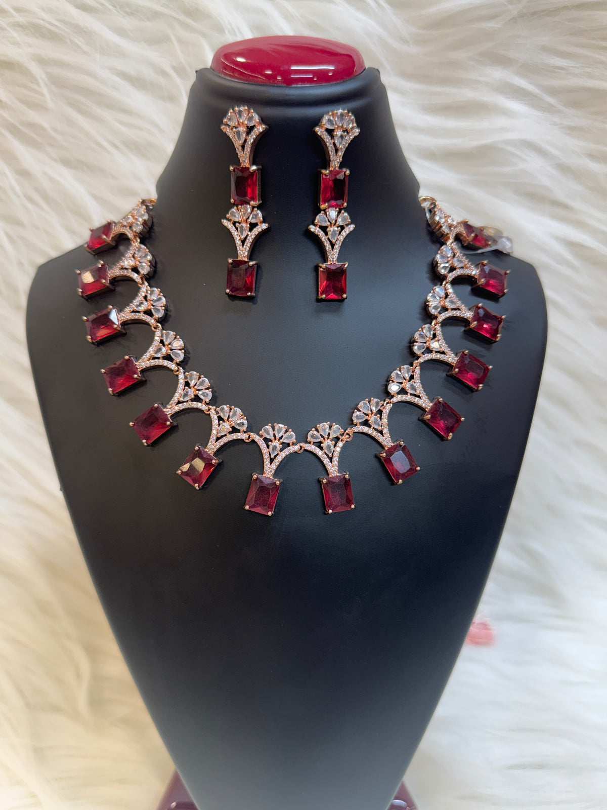 ELEGANT ROSE GOLD FINISH RUBY& AMERICAN DIAMOND NECKLACE SET WITH MATCHING EARRINGS-TBS-05
