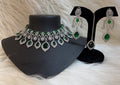 ELEGANT SILVER FINISH EMERALD GREEN& AMERICAN DIAMOND CHOKER SET WITH MAANG TIKKA& EARRINGS-TBS-06