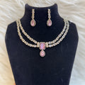 ELEGENT DOUBLE LAYER EMERALD PINK & CZ NECKLACE SET WITH MATCHING EARRINGS-TBS-012