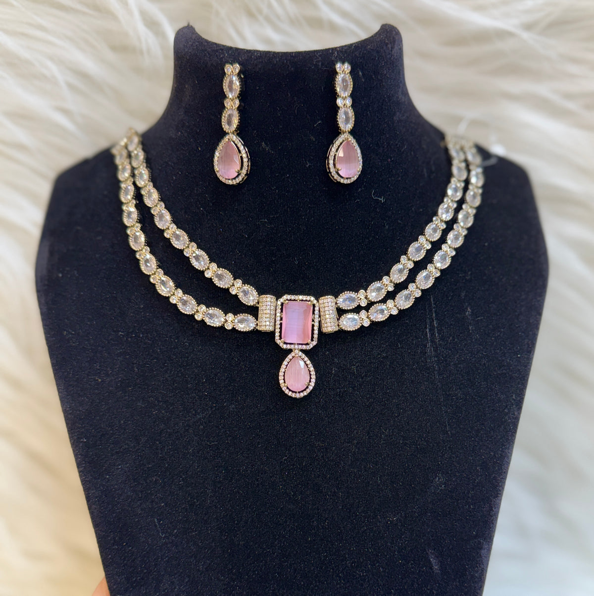 ELEGENT DOUBLE LAYER EMERALD PINK & CZ NECKLACE SET WITH MATCHING EARRINGS-TBS-012