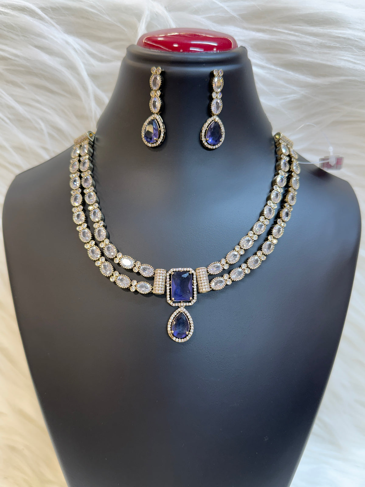 ELEGANT DOUBLE LAYER ROYAL BLUE SAPPHIRE& CZ NECKLACE SET WITH MATCHING EARRINGS-TBS-08