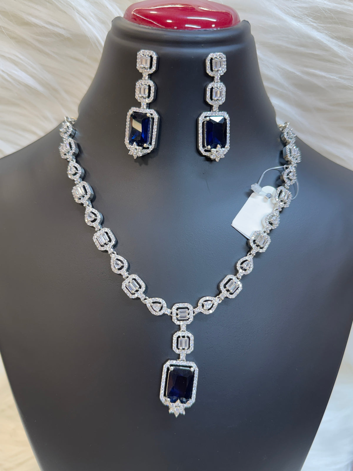 ROYAL BLUE EMERALD-CUT GEMSTONE CUBIC ZIRCONIA STATEMENT JEWELRY SET-TBS-011