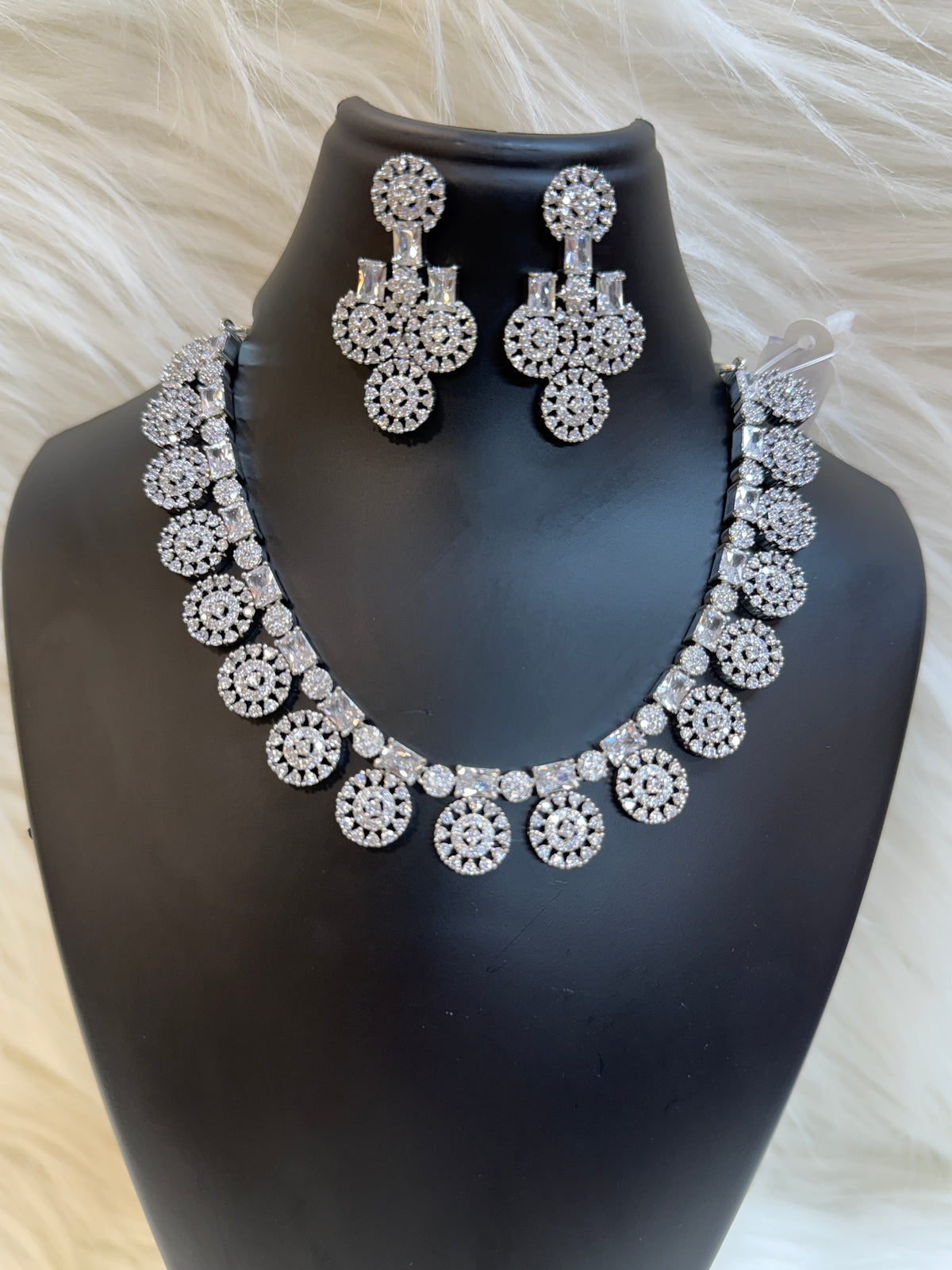 CLASSIC SILVER PLATED ALL-DIAMOND CZ CIRCULAR MOTI NECKLACE SET WITH MATCHING EARNINGS-TBS-13