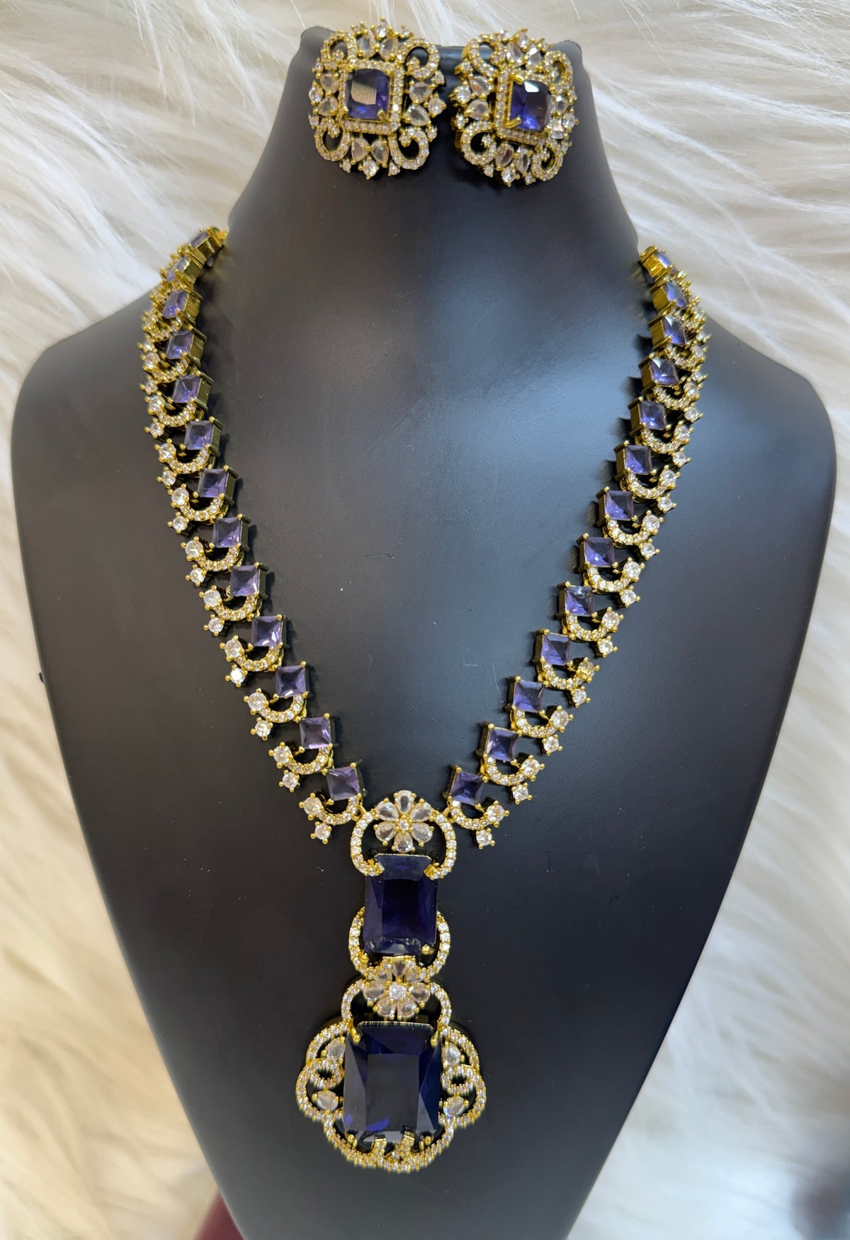ROYAL BLUE SAPPHIRE-GOLD PLATED AD LONG NECKLACE SET TBS-16