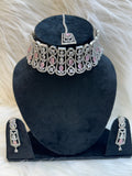 PASTEL PINK AD DIAMOND CHOKER NECKLACE SET-SILVER FINISH TBS-34