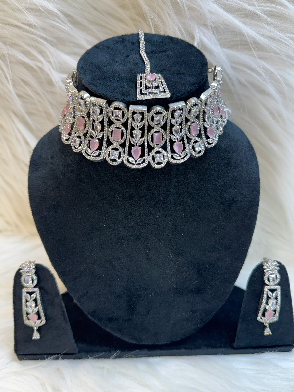 PASTEL PINK AD DIAMOND CHOKER NECKLACE SET-SILVER FINISH TBS-34