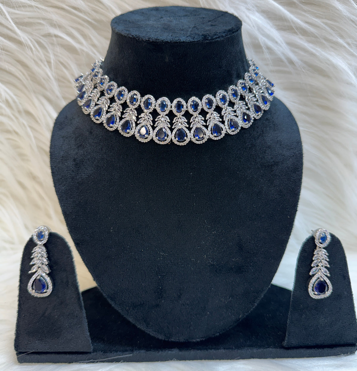BLUE QUEEN-SAPPHIRE BLUE AMERICAN DIAMOND CHOKER WITH EARNINGS TBS-33