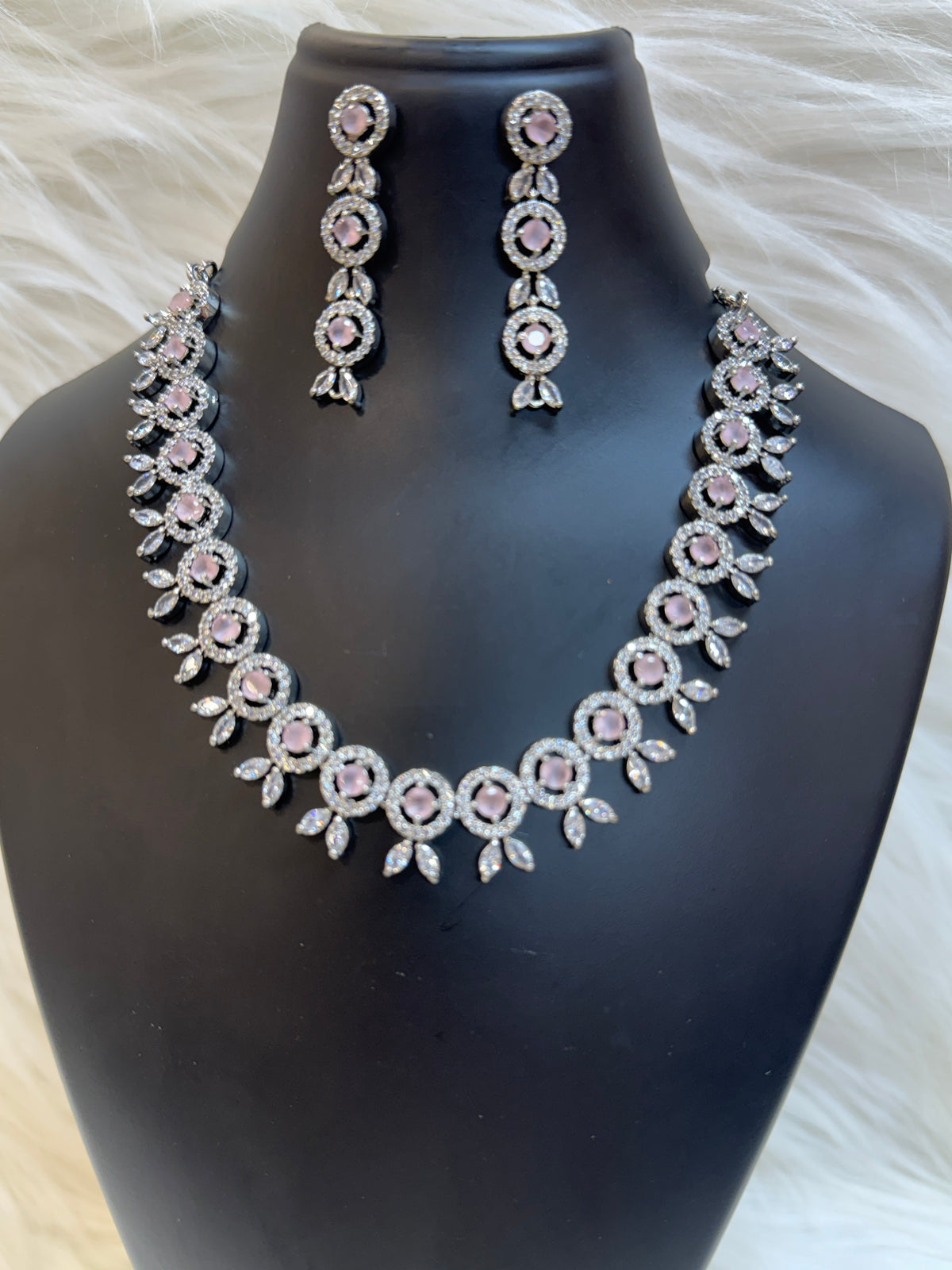 BABY PINK AMERICAN DIAMOND FLOWER NECKLACE SET WITH EARRINGS TBS-20