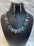 MULTICOLOR AMERICAN DIAMOND NECKLACE SET-PASTEL PINK BLUE GREEN STONE WITH EARRINGS TBS-22