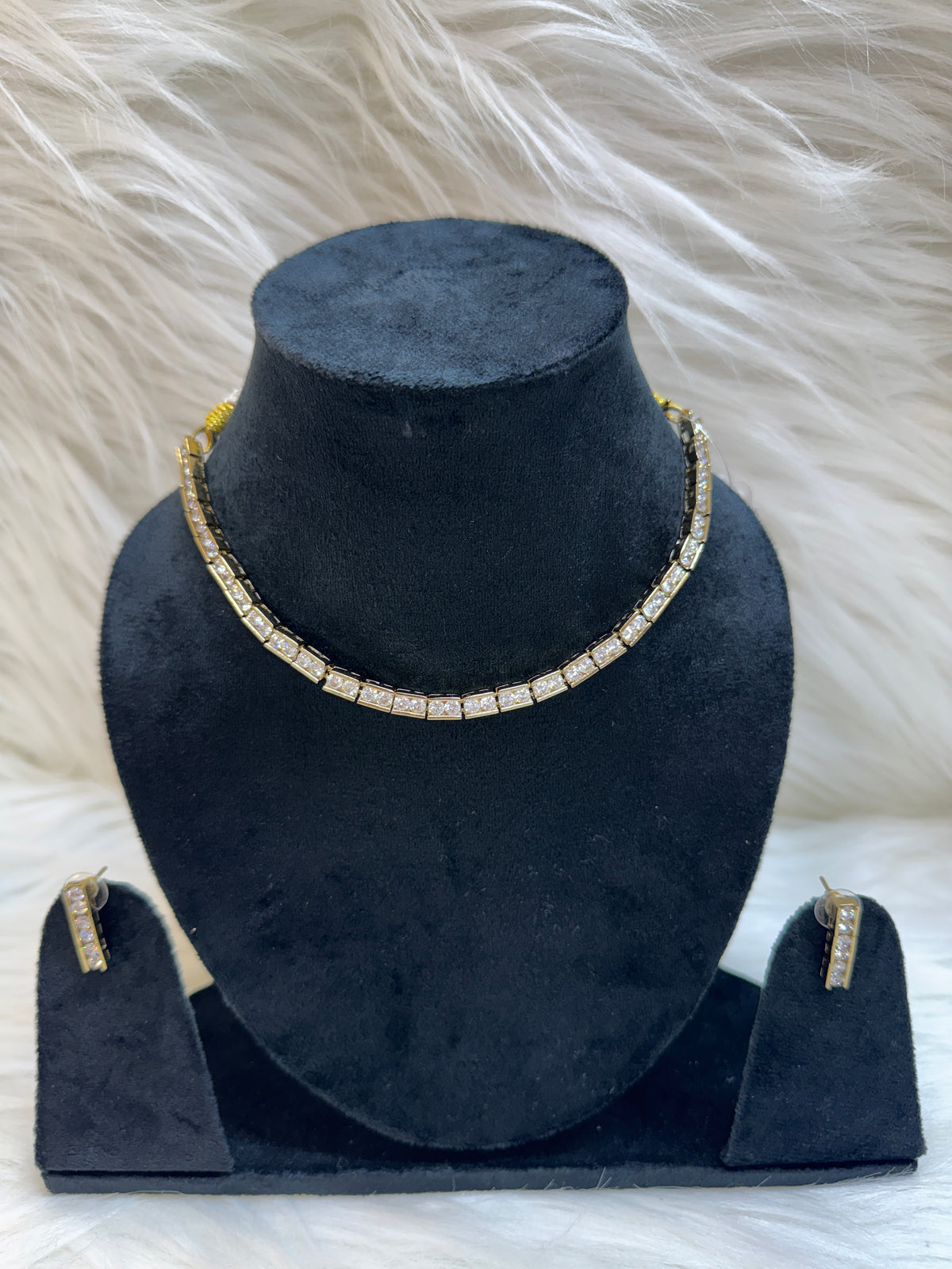 GOLD PLATED AMERICAN DIAMOND MINIMAL TENNIS NECKLACE SET WITH EARRINGS TBS-32