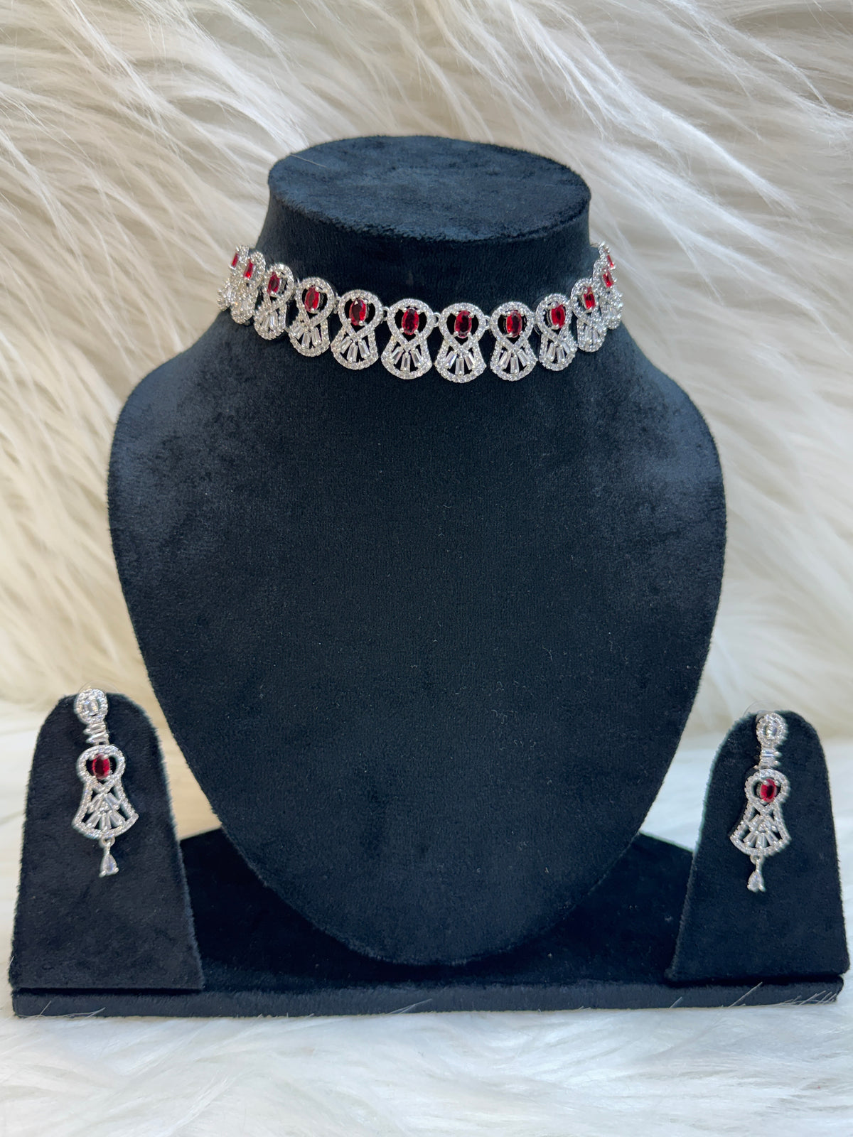 RUBY RED AMERICAN DIAMOND CHOKER SET WITH EARRINGS TBS-23