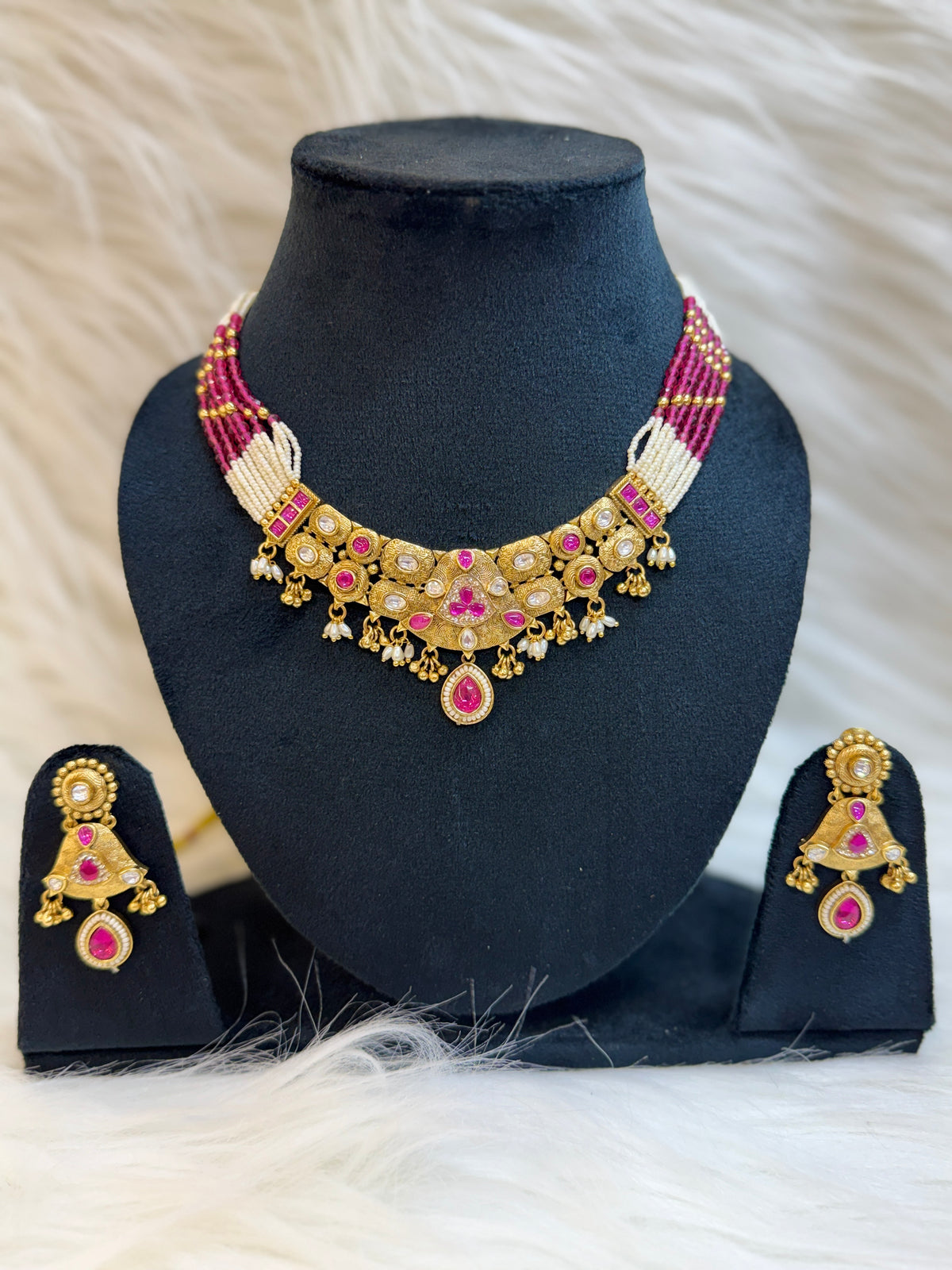 ANTIQUE RAJWADI CHOKER SET WITH PEARL MALA-RUBY KUNDAN GOLD PLATED NECKLACE WITH EARRINGS TBS-25