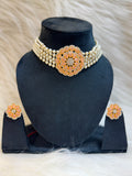 PEACH STONE PEARL MULTI LAYER CHOKER NECKLACE SET WITH STUD EARRINGS TBS-26