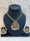 ANTIQUE VICTORIAN GOLD PEACOCK PENDANT NECKLACE SET-KUNDAN WITH PINK BEADS & EARRINGS TBS-27
