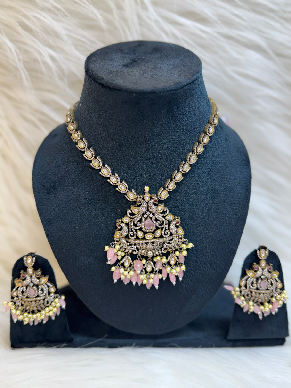 ANTIQUE VICTORIAN GOLD PEACOCK PENDANT NECKLACE SET-KUNDAN WITH PINK BEADS & EARRINGS TBS-27