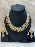 MULTI LAYER WHITE PEARL NECKLACE SET WITH GREEN BEADS RUBY KUNDAN-RAJWADI BRIDAL CHOKER TBS-29