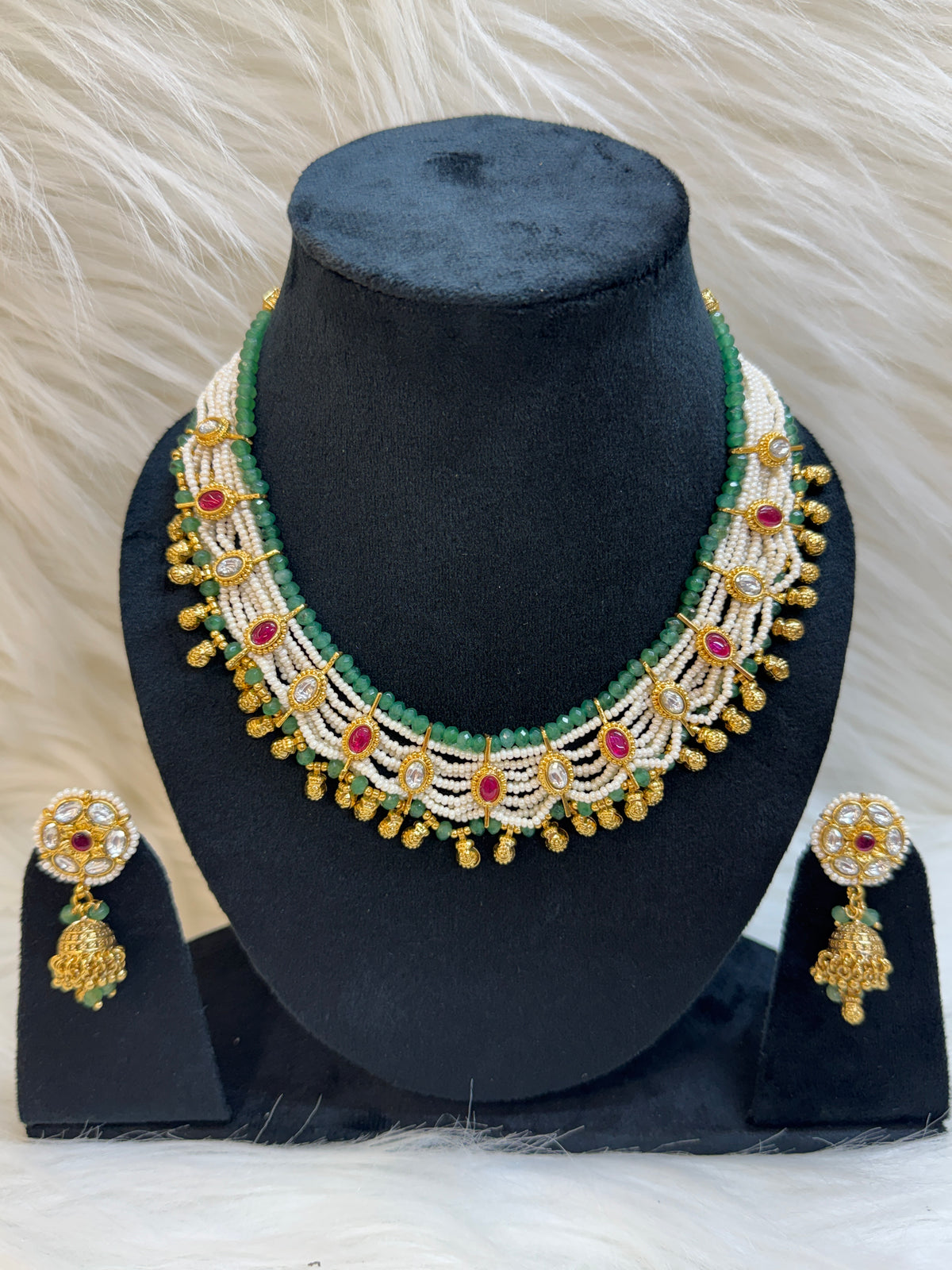 MULTI LAYER WHITE PEARL NECKLACE SET WITH GREEN BEADS RUBY KUNDAN-RAJWADI BRIDAL CHOKER TBS-29