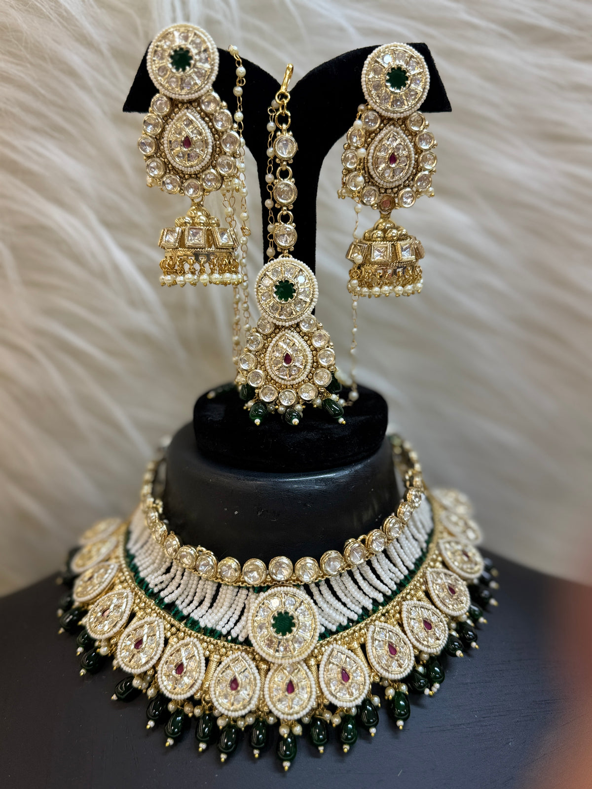 HEAVY GOLD PLATED KUNDAN CHOKER SET WITH GREEN BEADS,MOTI FRINGE,EARRINGS & MAANG TIKKA-TBS-31