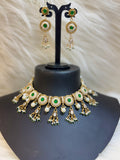 ANTIQUE GOLD EMERALD GREEN STONE CHOKER NECKLACE SET WITH PEARL DROPS TBS-30