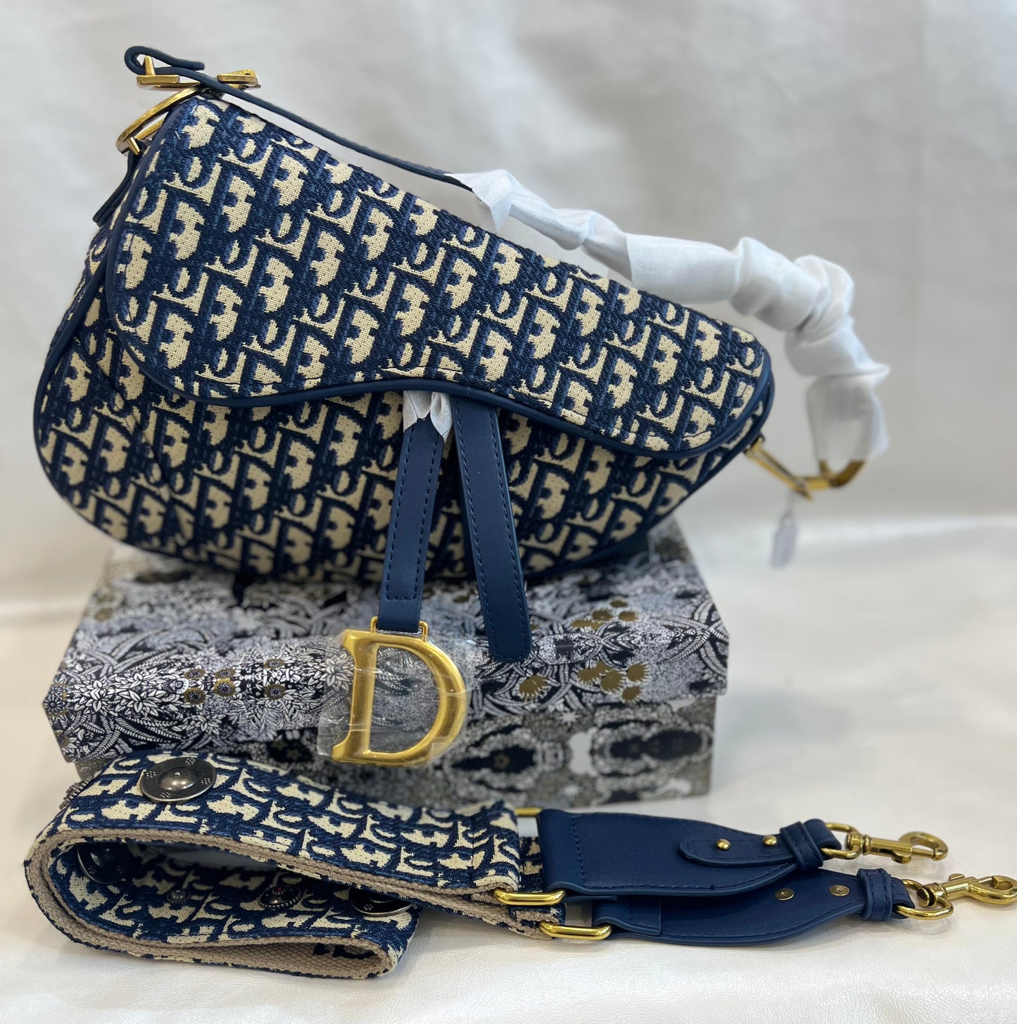 DIOR OBLIQUE DEEP BLUE CANVAS SADDLE BAG (WITH BOX)