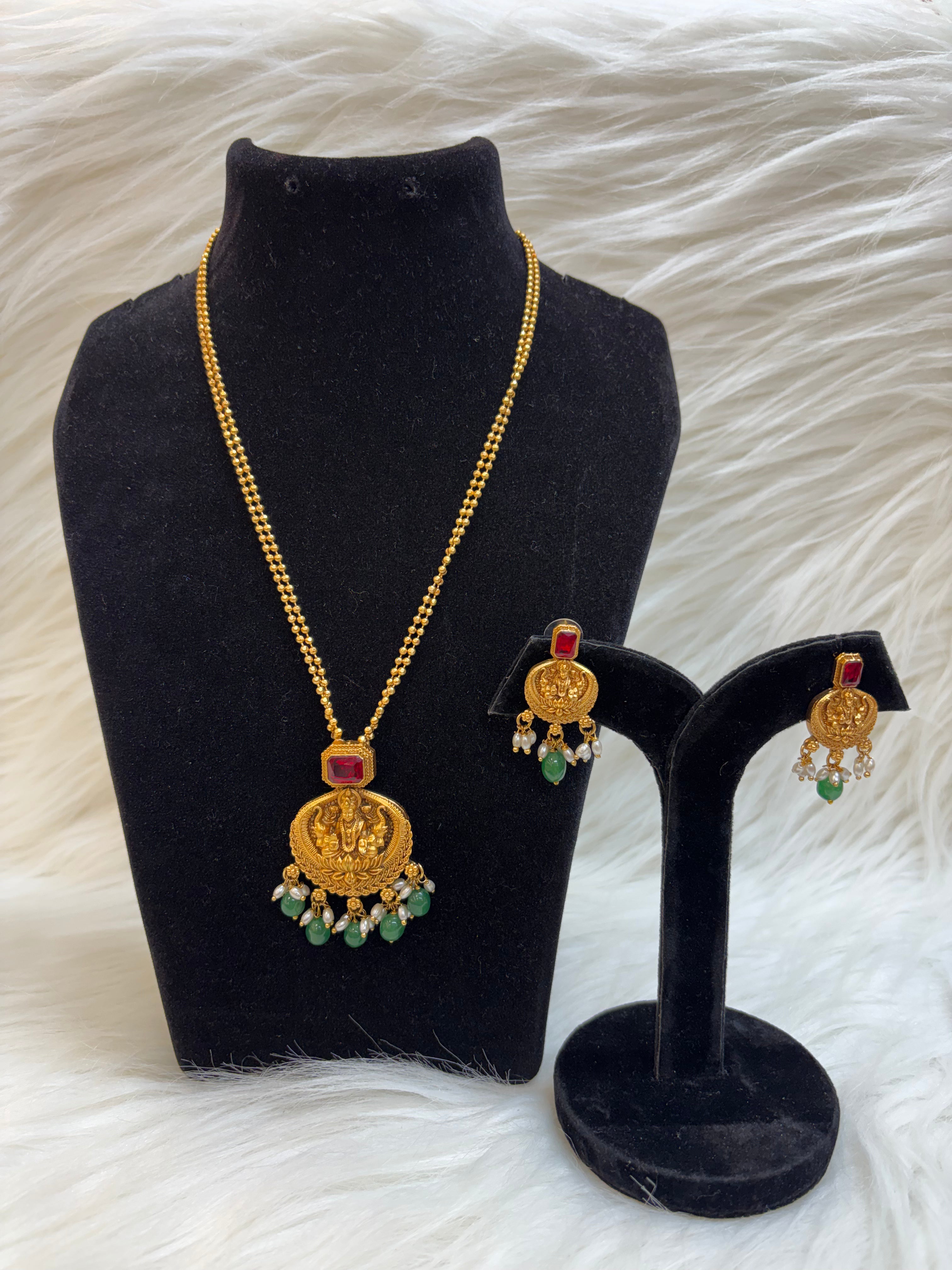 LAXMI MALA-GOLD PLATED TEMPLE PENDANT SET WITH RED STONE AND GREEN DROPS TBS-36