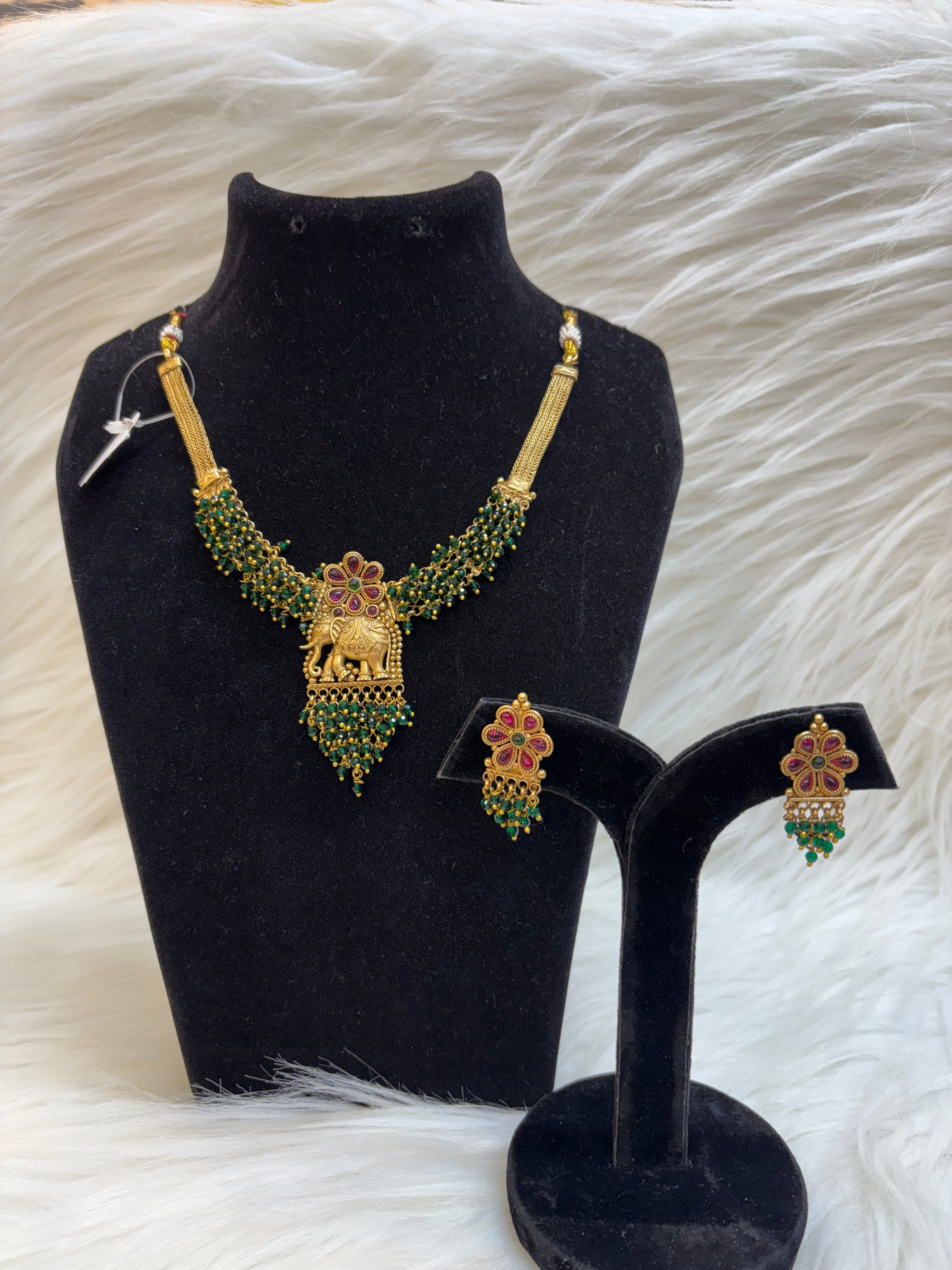 GAJA LAXMI-ELEPHANT TEMPLE PEARL ATTA NECKLACE SET RED WITH GREEN TBS-41