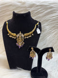 GOLD PLATED TEMPLE KANTI NECKLACE SET WITH LAXMI PENDANT PURPLE STONE & MOTI EARRINGS TBS-42