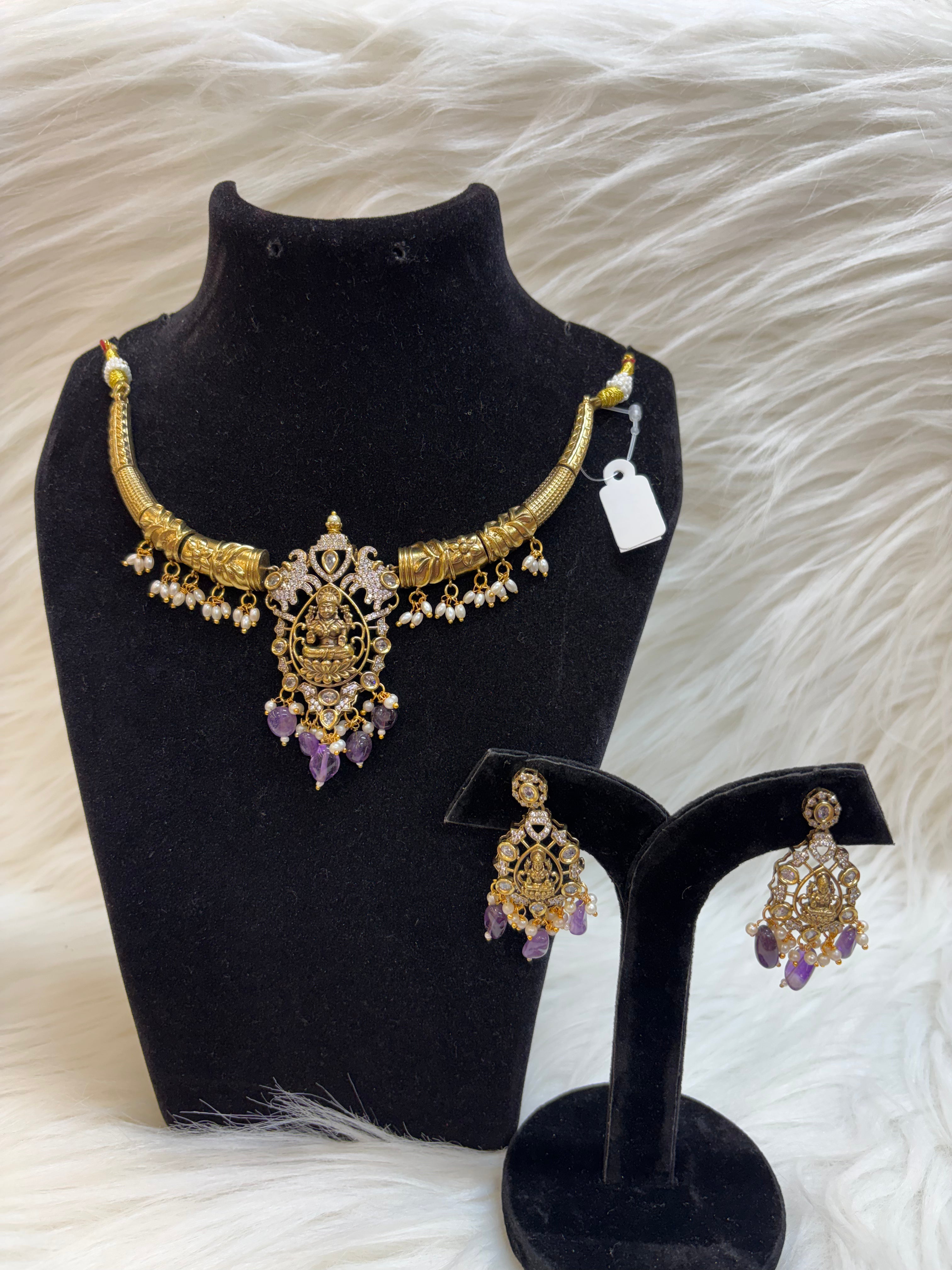 GOLD PLATED TEMPLE KANTI NECKLACE SET WITH LAXMI PENDANT PURPLE STONE & MOTI EARRINGS TBS-42