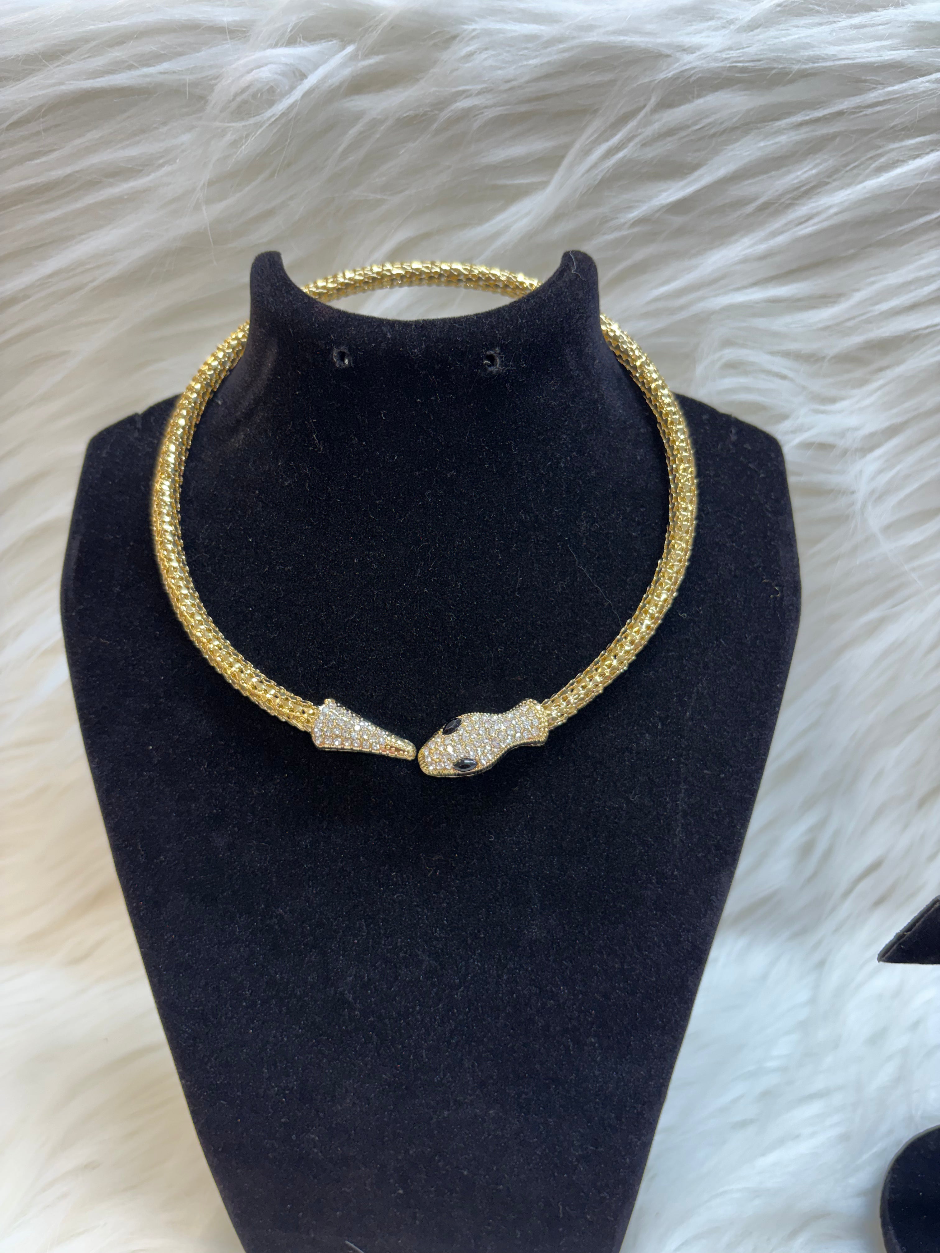 DIAMOND STUDDED SNAKE HEAD HASLI NECKLACE-ANTI TARNISH GOLD TBS-47