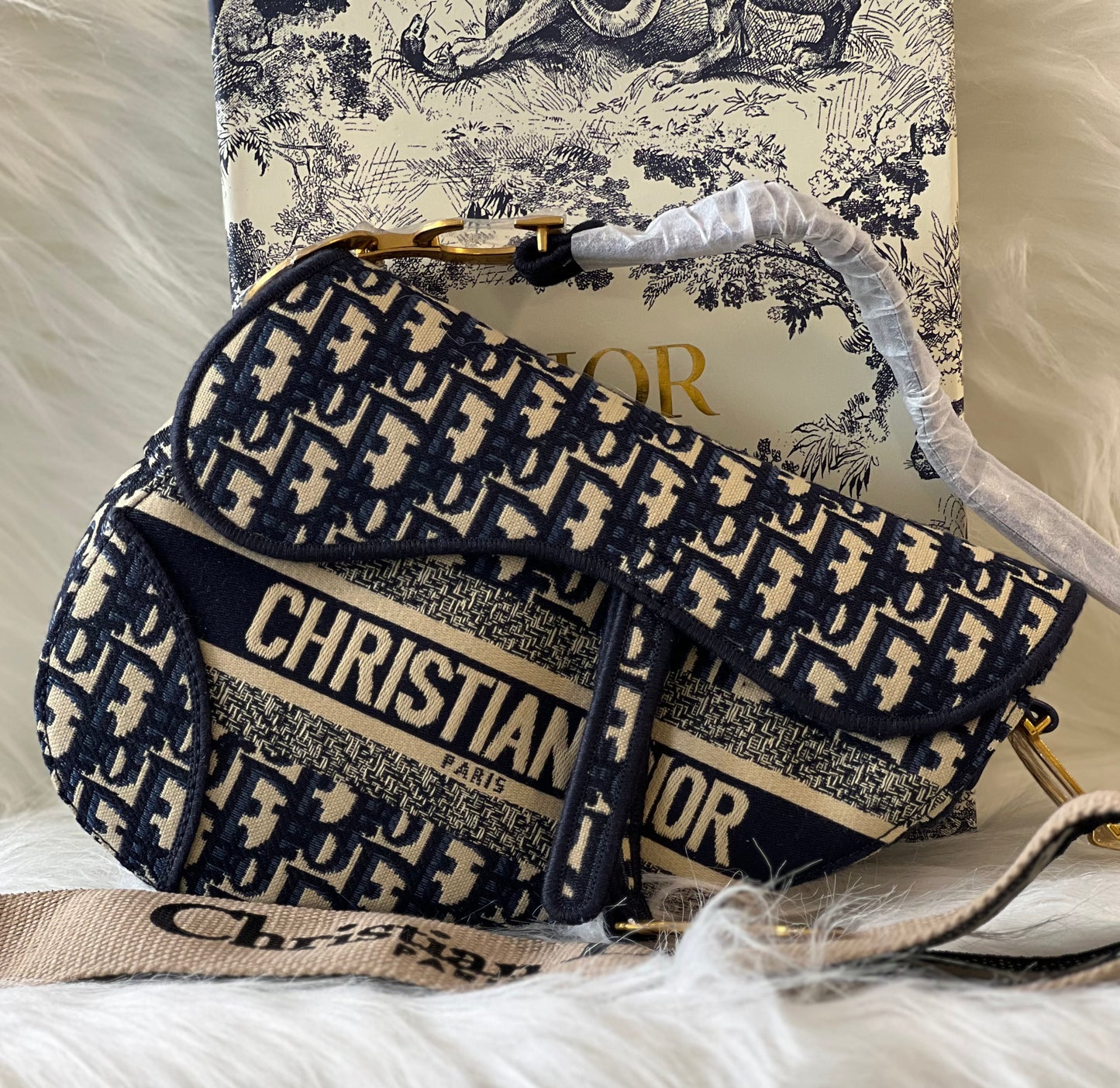 DIOR OBLIQUE BLUE CANVAS SADDLE BAG (WITH BOX)