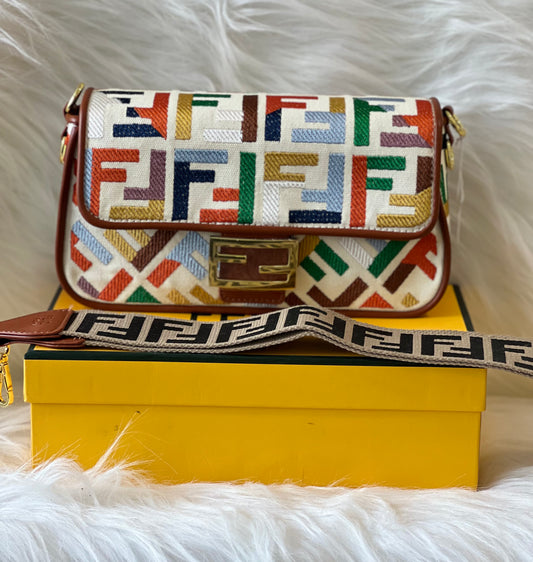 Fendi Baguette White Canvas Crossbody Sling Bag (With Box)