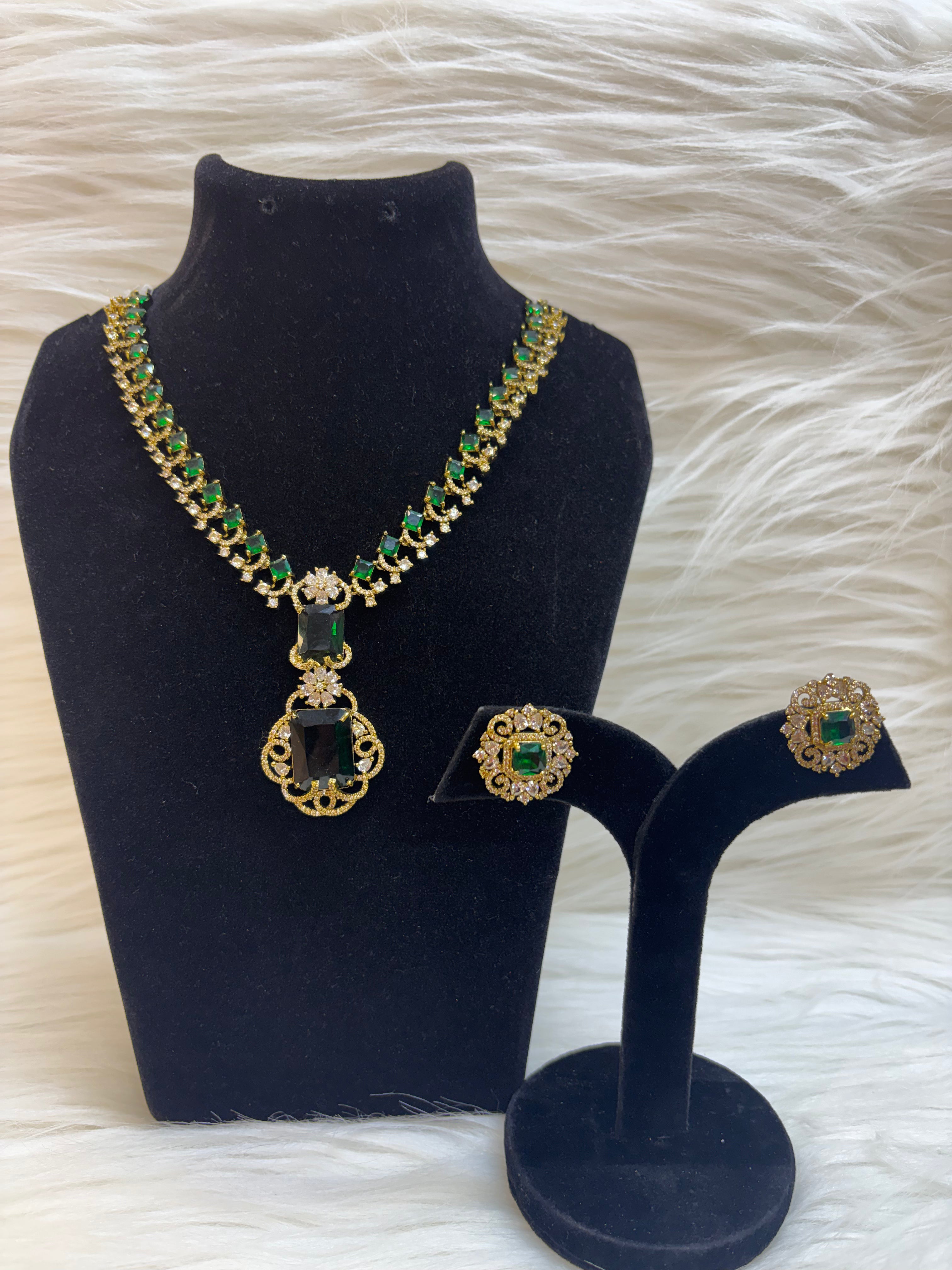 EMERALD ROYALE GREEN AMERICAN DIAMOND NECKLACE SET WITH EARNINGS TBS-49