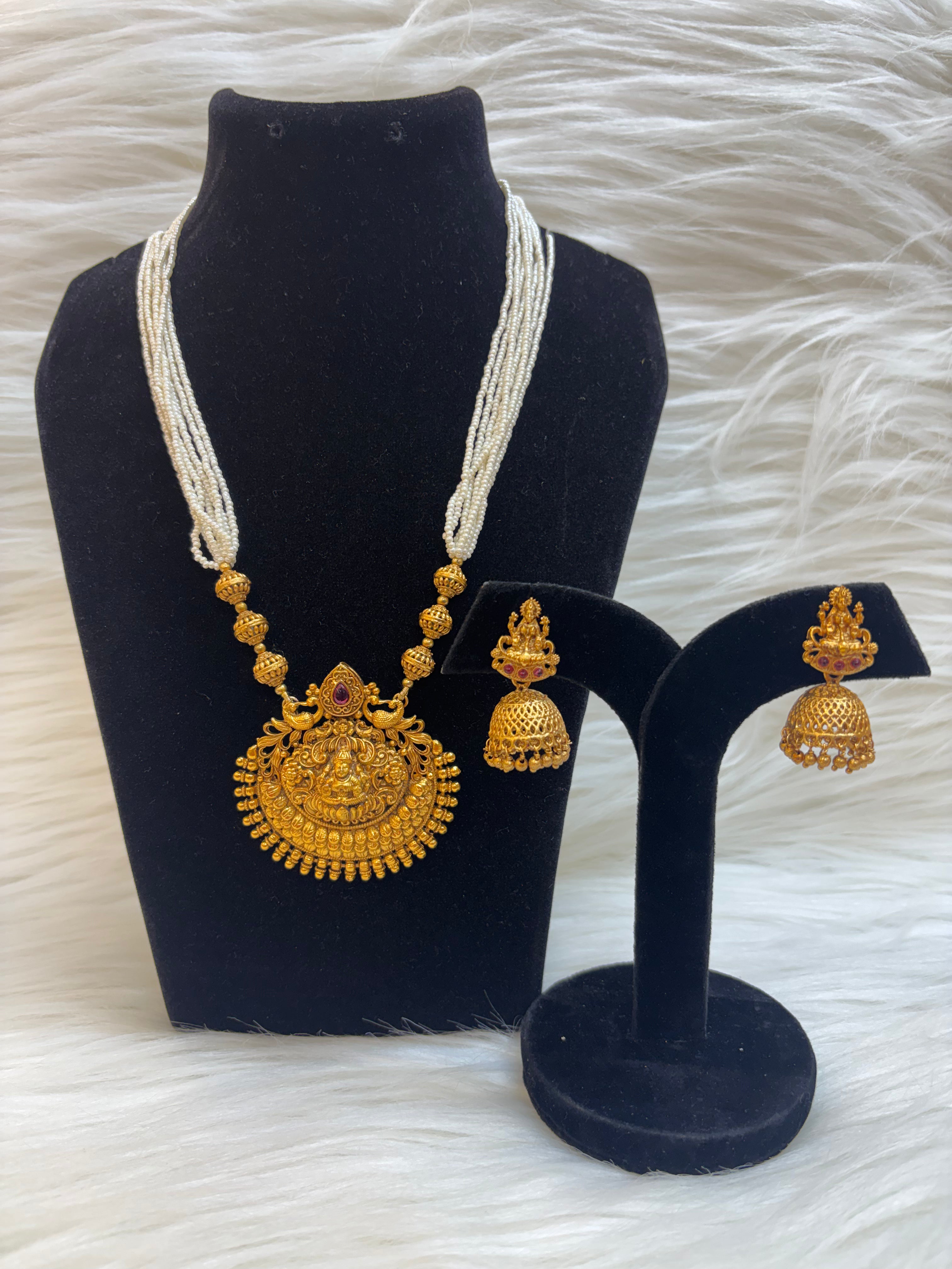 TEMPLE PEARL MALA NECKLACE SET-ANTIQUE GOLD PLATED TEMPLE JEWELLERY WITH JHUMKA TBS-42