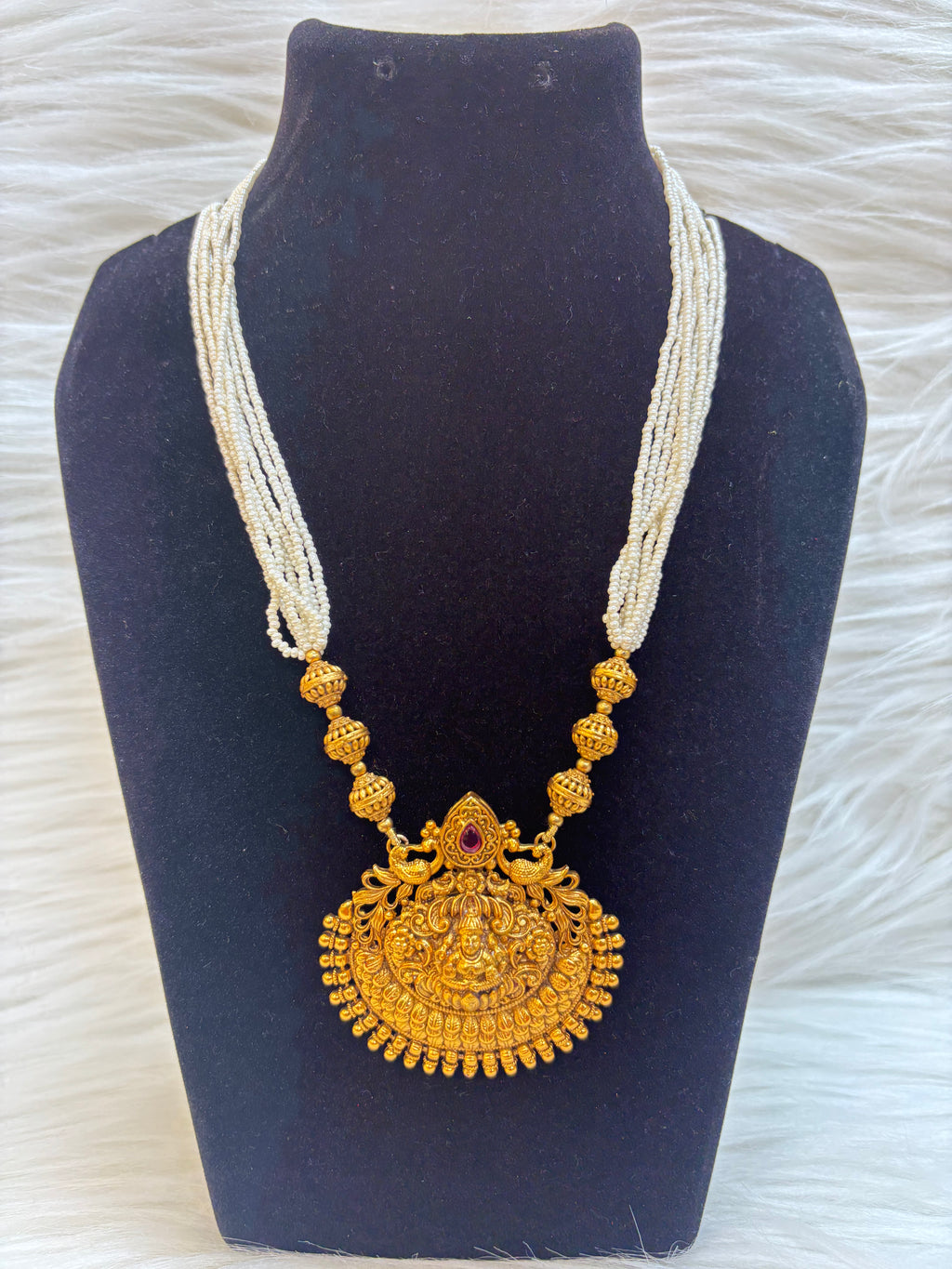 TEMPLE PEARL MALA NECKLACE SET-ANTIQUE GOLD PLATED TEMPLE JEWELLERY WITH JHUMKA TBS-42