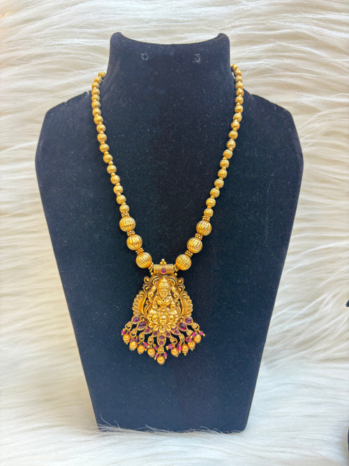 ANTIQUE GOLD BEADED LAXMI TEMPLE NECKLACE SET-GOLD BALL MALA WITH JHUMKA EARRINGS TBS-43