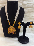 MULTI-COLOR STONE LAXMI TEMPLE PEARL MALA SET-WHITE BEADS LONG NECKLACE WITH JHUMKA TBS-44
