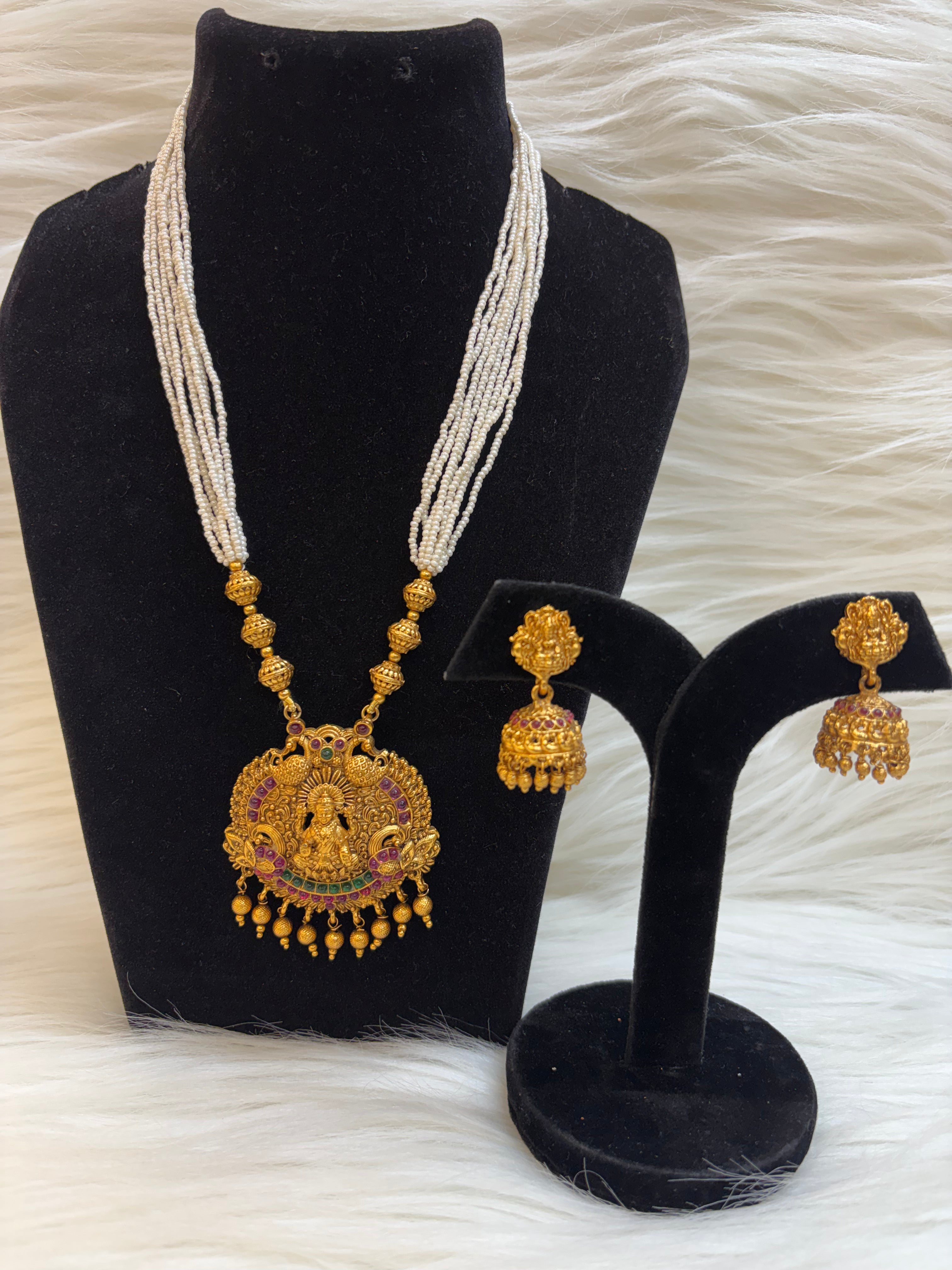 MULTI-COLOR STONE LAXMI TEMPLE PEARL MALA SET-WHITE BEADS LONG NECKLACE WITH JHUMKA TBS-44