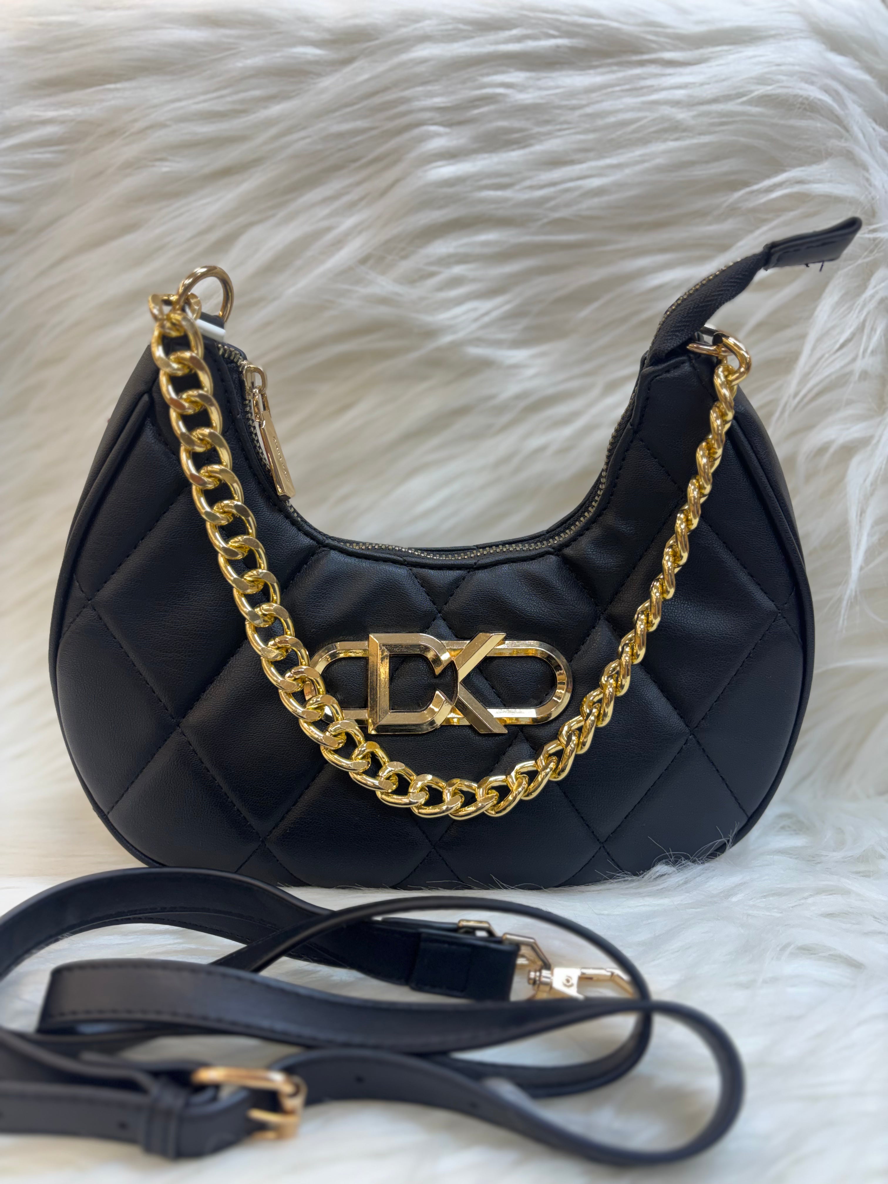 DIANA KORR BLACK QUILTED MOON HOBO BAG WITH GOLD CHAIN TBS-DK 13