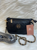 DIANA KORR BLACK DK EMBOSSED MONOGRAM DUAL ZIP SLING BAG WITH CHAIN STRAP TBS-DK22