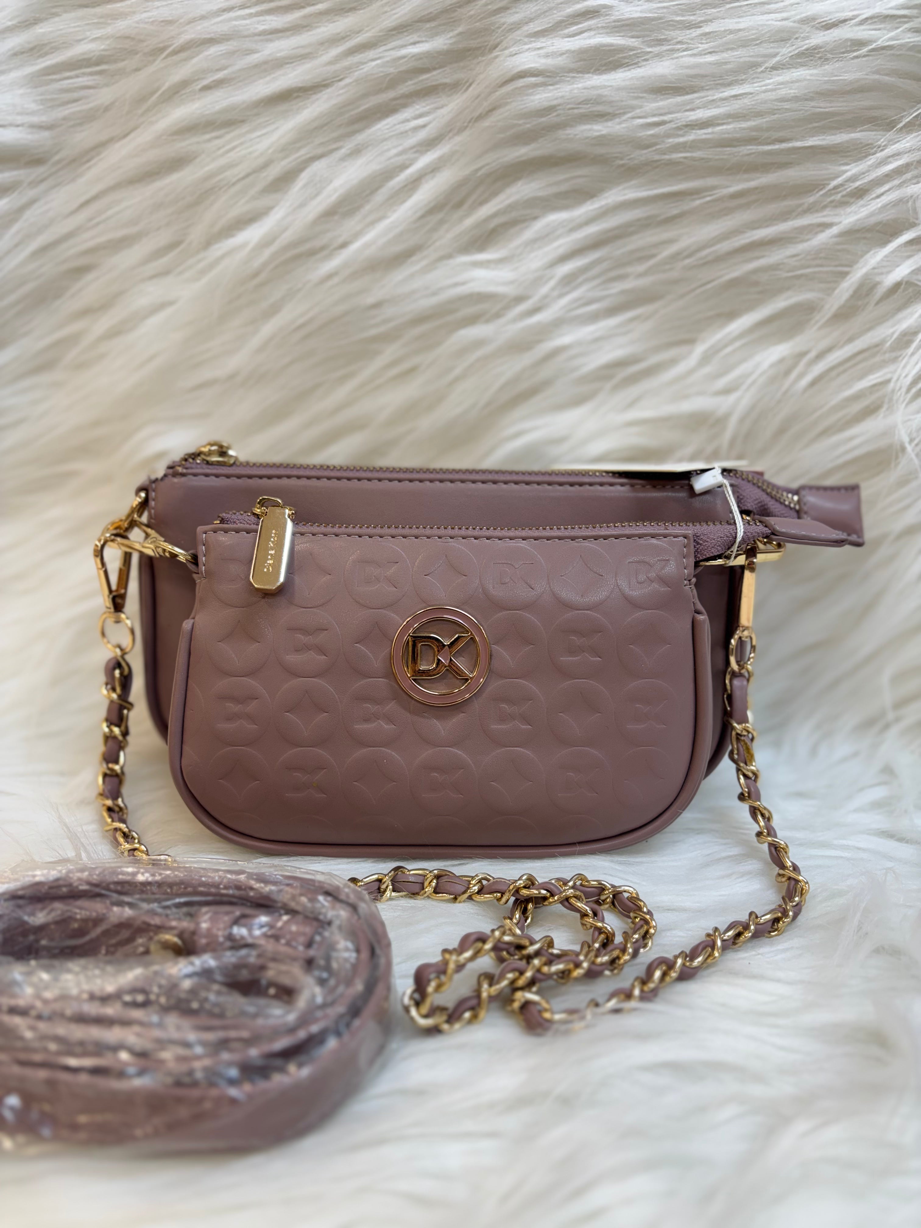 DIANA KORR DUSTY PINK EMBOSSED MONOGRAM DUAL ZIP SLING BAG WITH CHAIN STRAP TBS-DK22