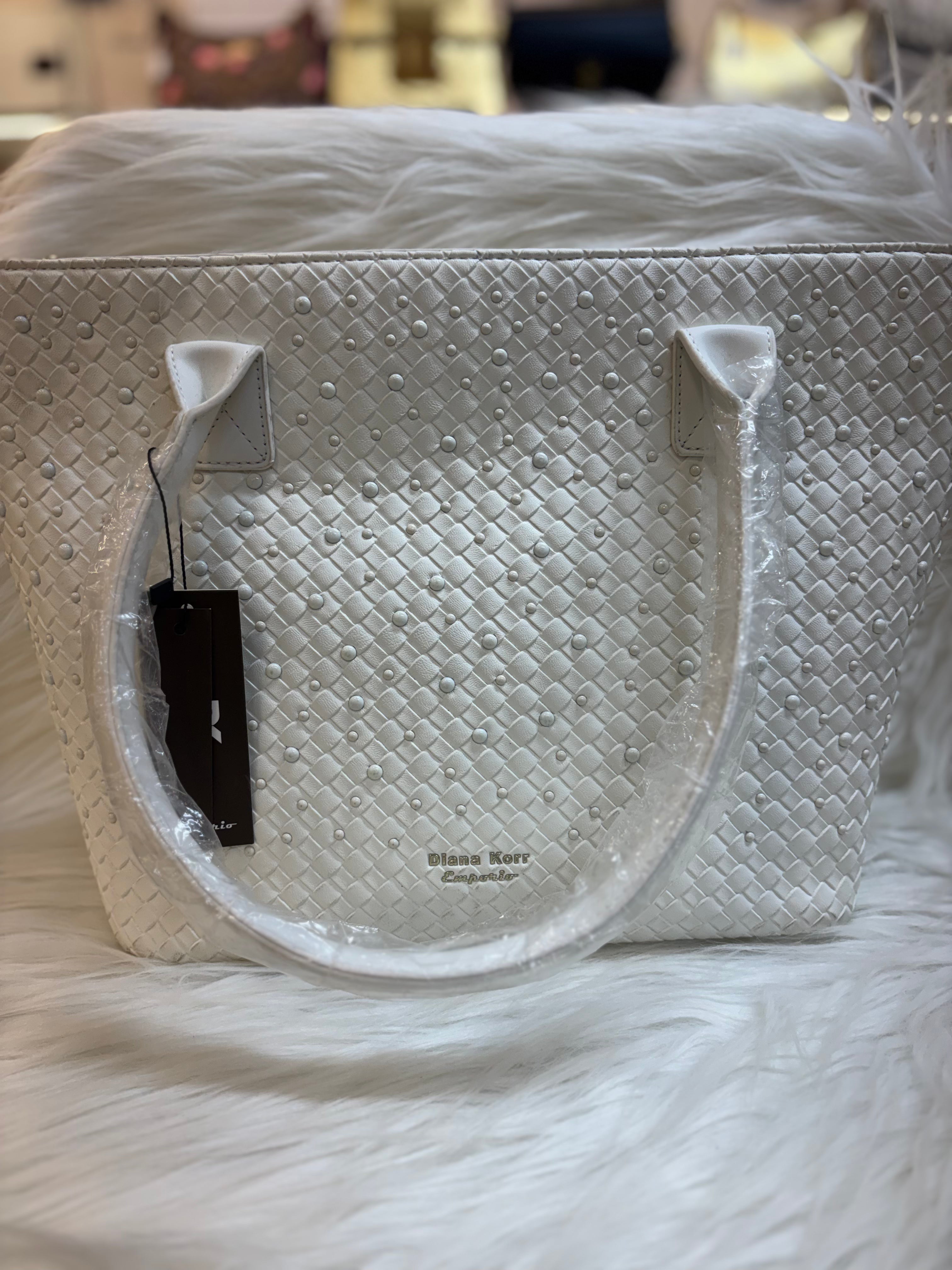 DIANA KORR EMPORIO OFF WHITE WOVEN TEXTURED TOTE BAG WITH PEARL STUDS TBS-DK29