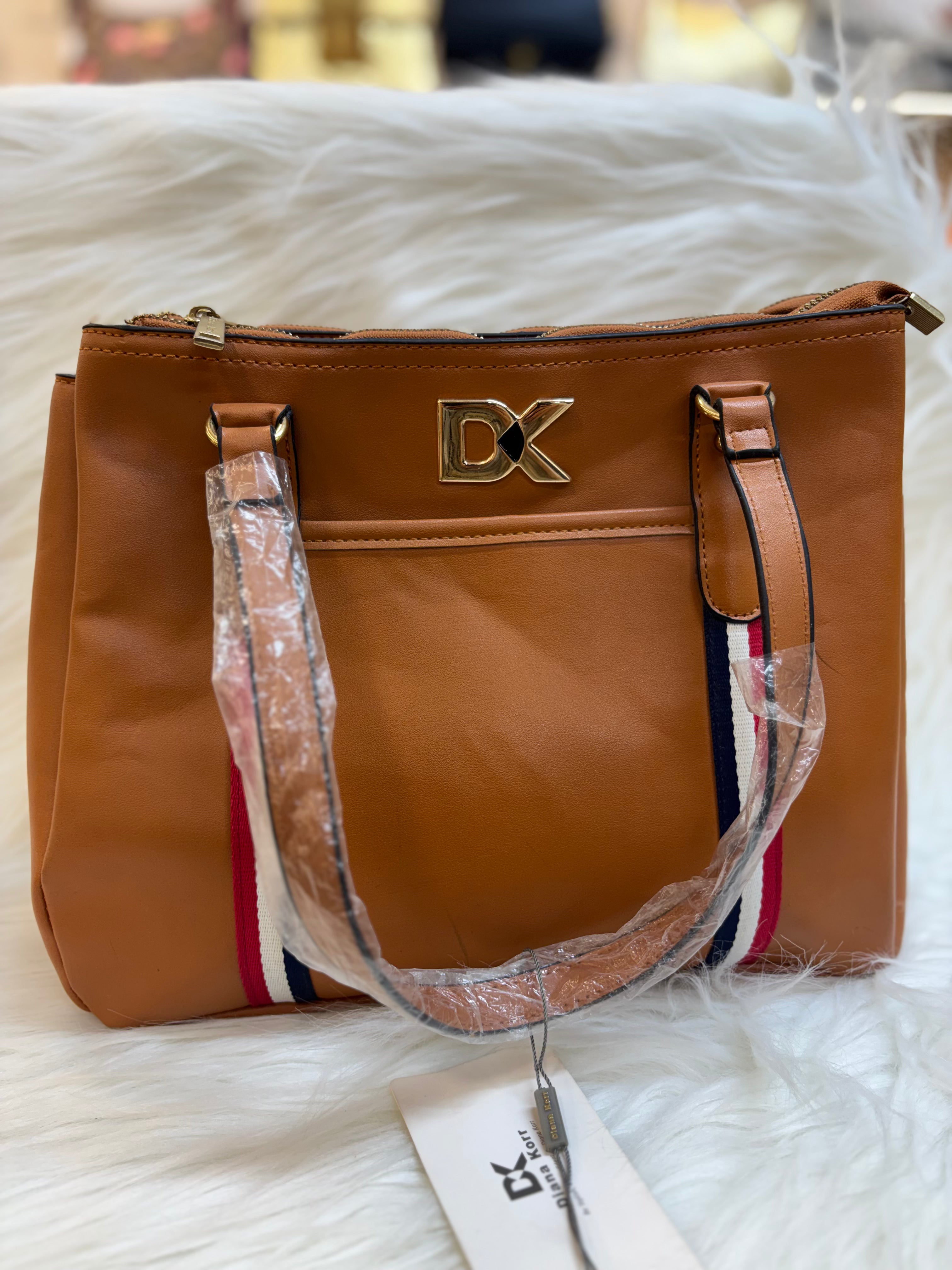 DIANA KORR TAN STRIPED TOTE BAG WITH GOLD DK LOGO TBS-DK31